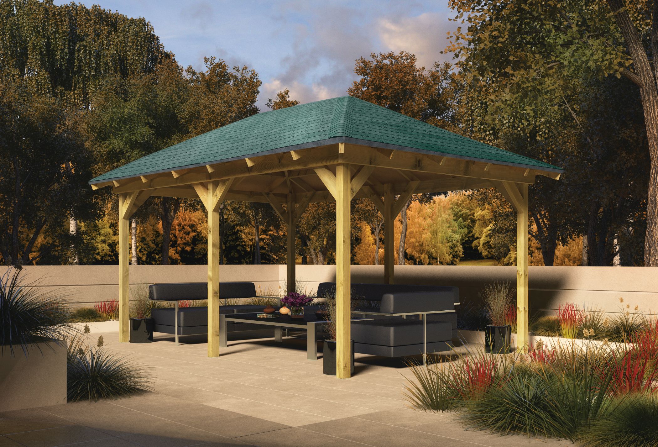 Karibu Pavillon Perida aus KDI-Massivholz mit Walmdach im Garten als Ambiente-Ansicht