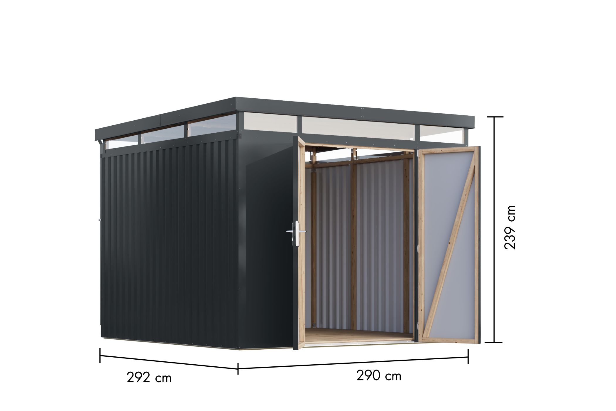 Bemaßte Maßzeichnung des Karibu großes Gerätehaus aus Metall Aurum 3,5, 290 × 292 cm