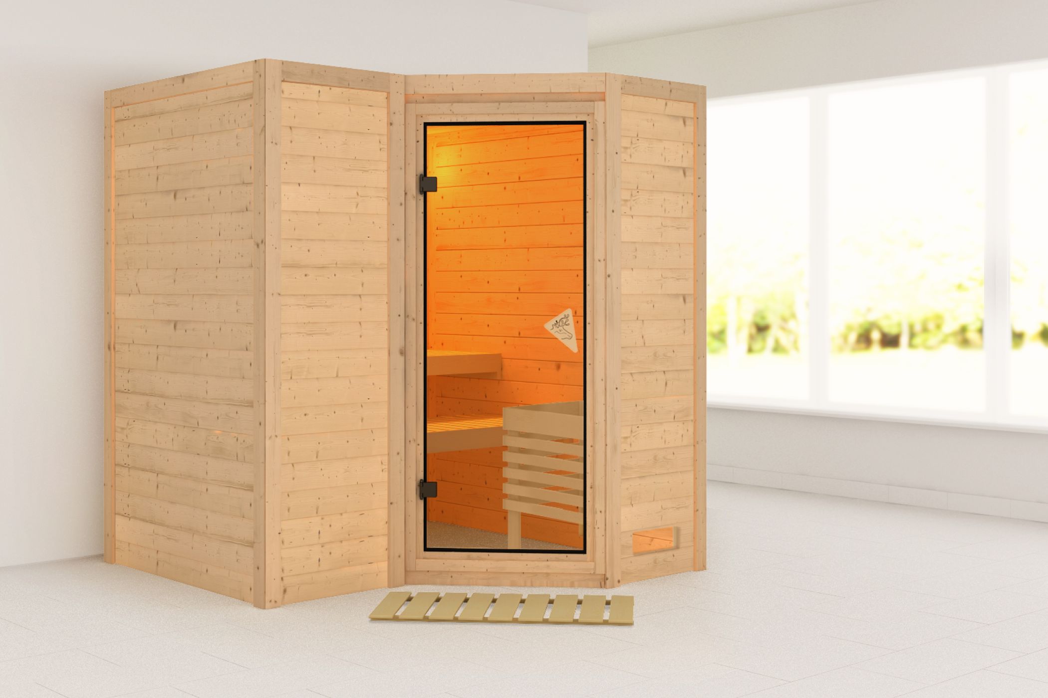Außenansicht der Karibu Sauna Sahib 1 aus nordischer Fichte mit bronzierter Ganzglastür und Fronteinstieg
