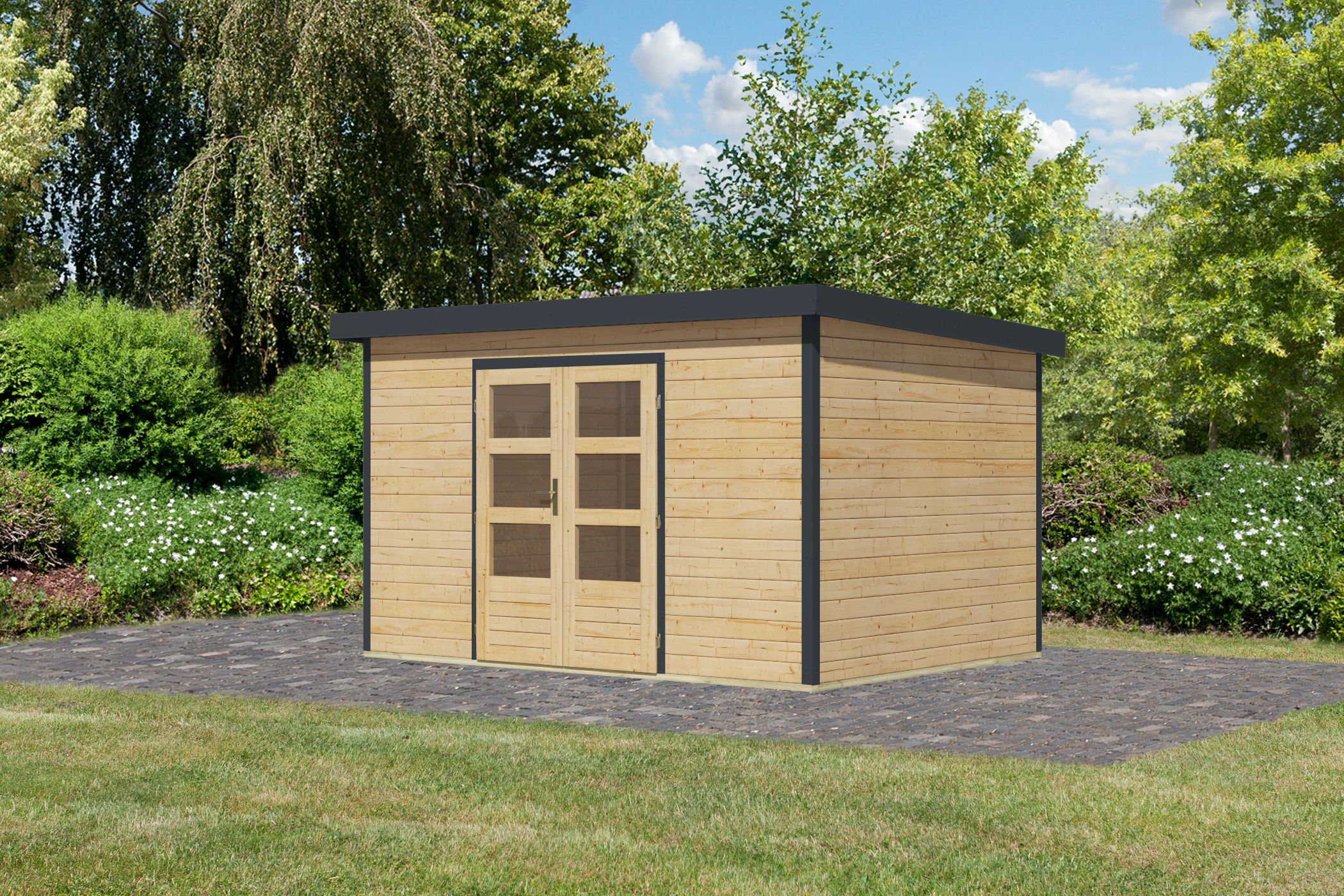 Karibu Gartenhaus Holz & Metall Pluto 7 in Naturbelassen mit Metall in Anthrazit, Außenansicht