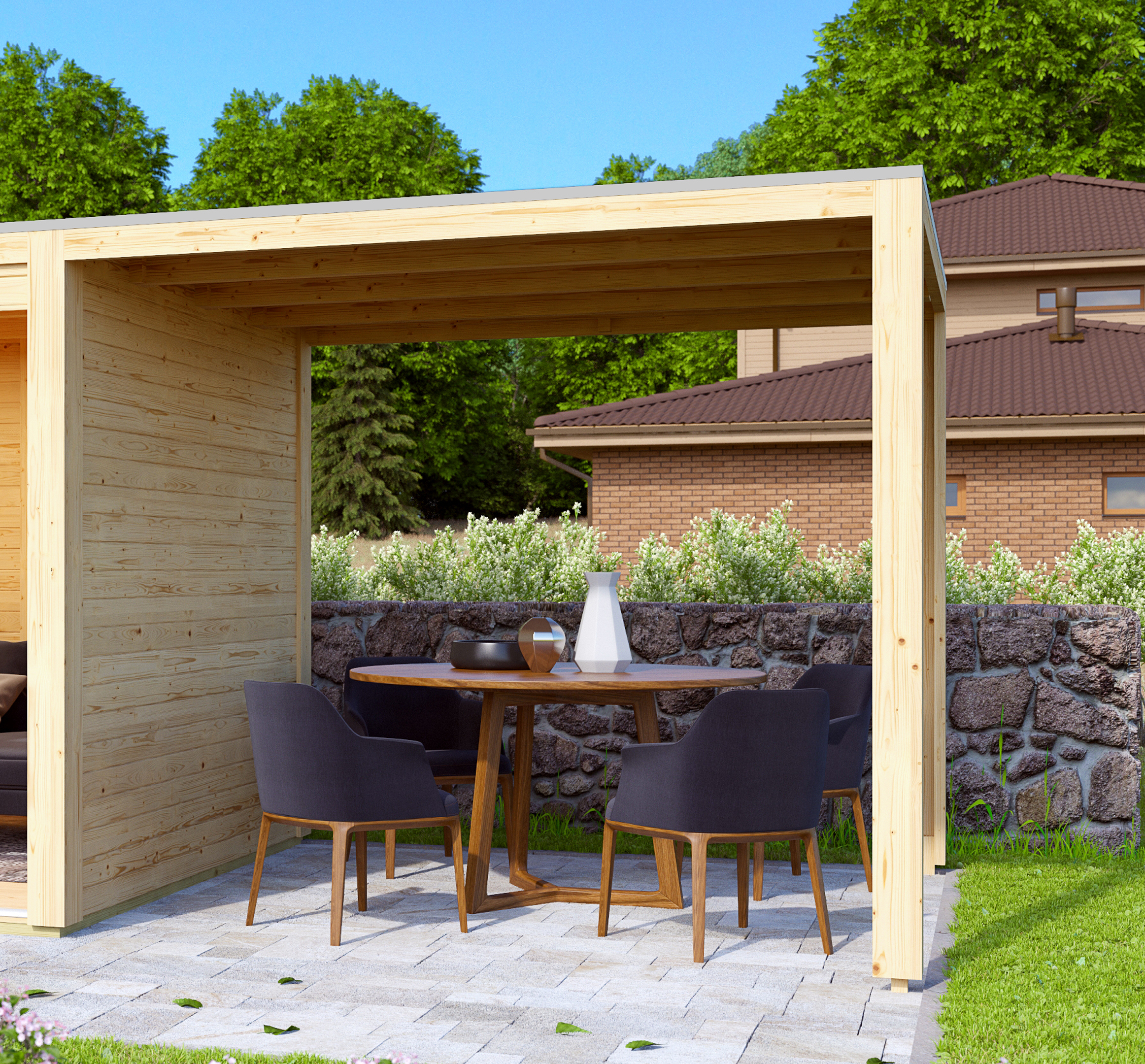 Karibu Anbaudach Hygge / Cuben aus Holz, im Garten aufgebaut