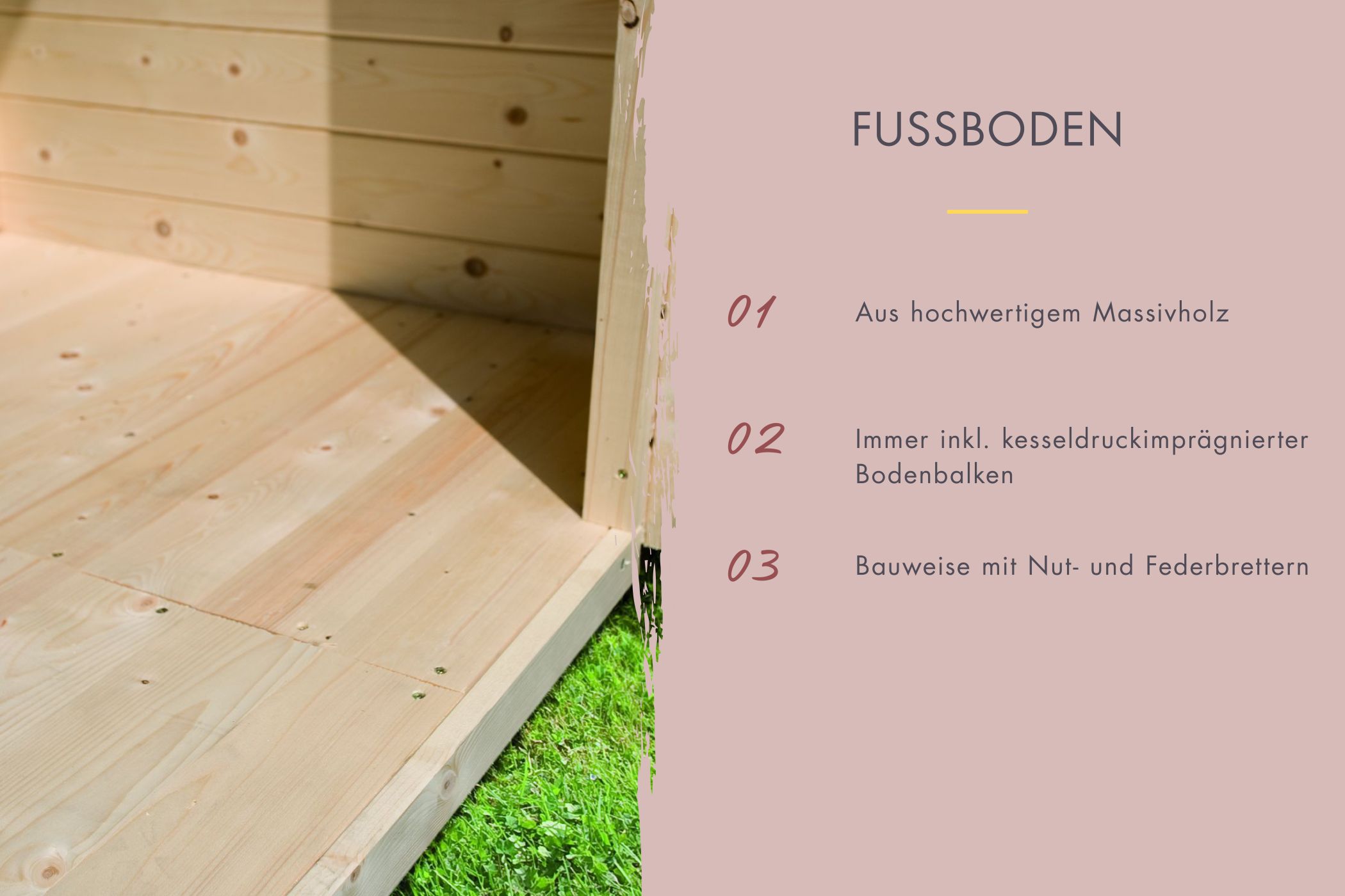 Massivholz-Fußboden der Karibu Gartensauna aus Nut- und Federbrettern inklusive KDI-Bodenbalken