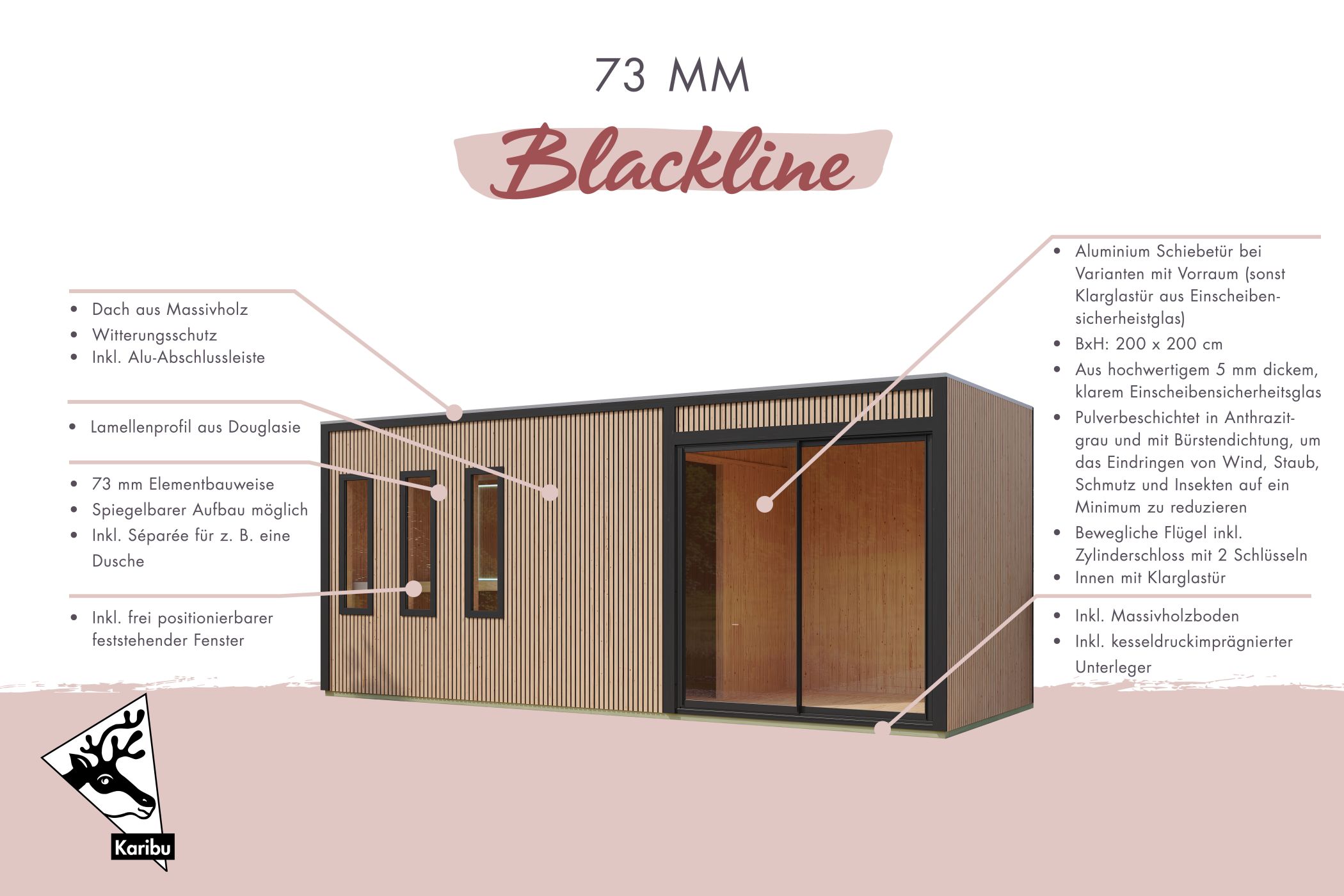 Karibu Saunahaus Monterey Douglasie als Gartensauna aus Massivholz im Garten mit Glasfront