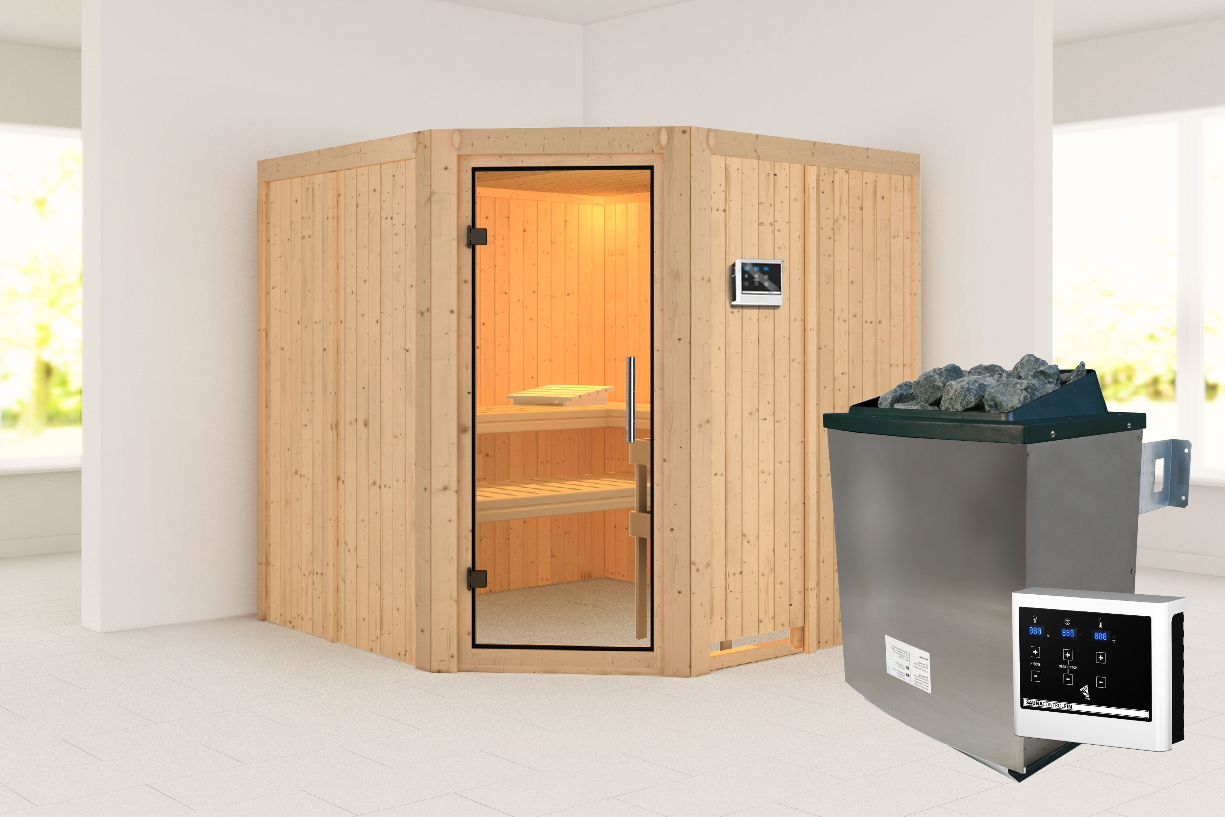 Außenansicht der Karibu Sauna Jarin aus nordischer Fichte mit Klarglas-Ganzglastür und Fronteinstieg