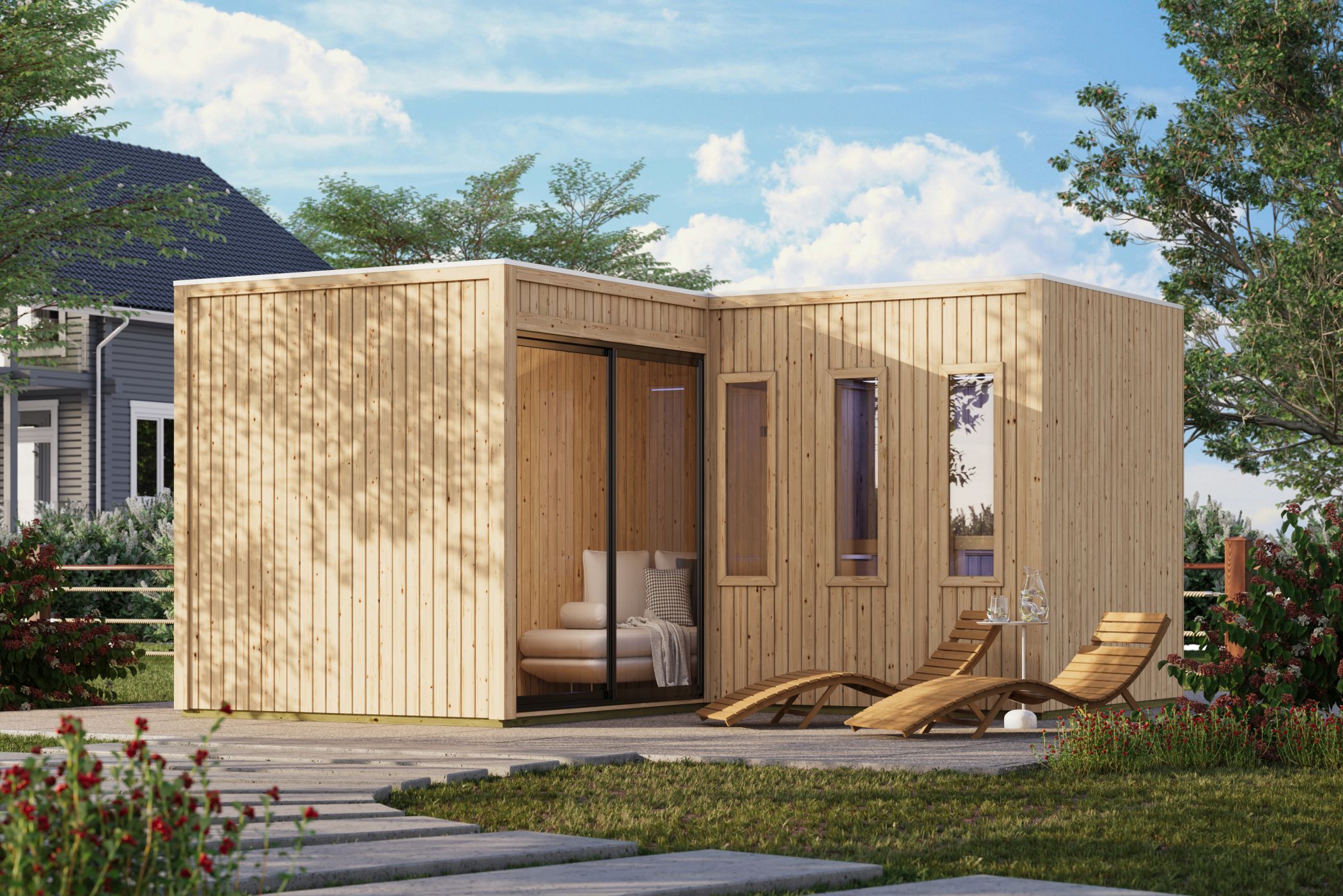 Karibu Saunahaus Paradise als Gartensauna aus Massivholz im Garten mit Glasfront