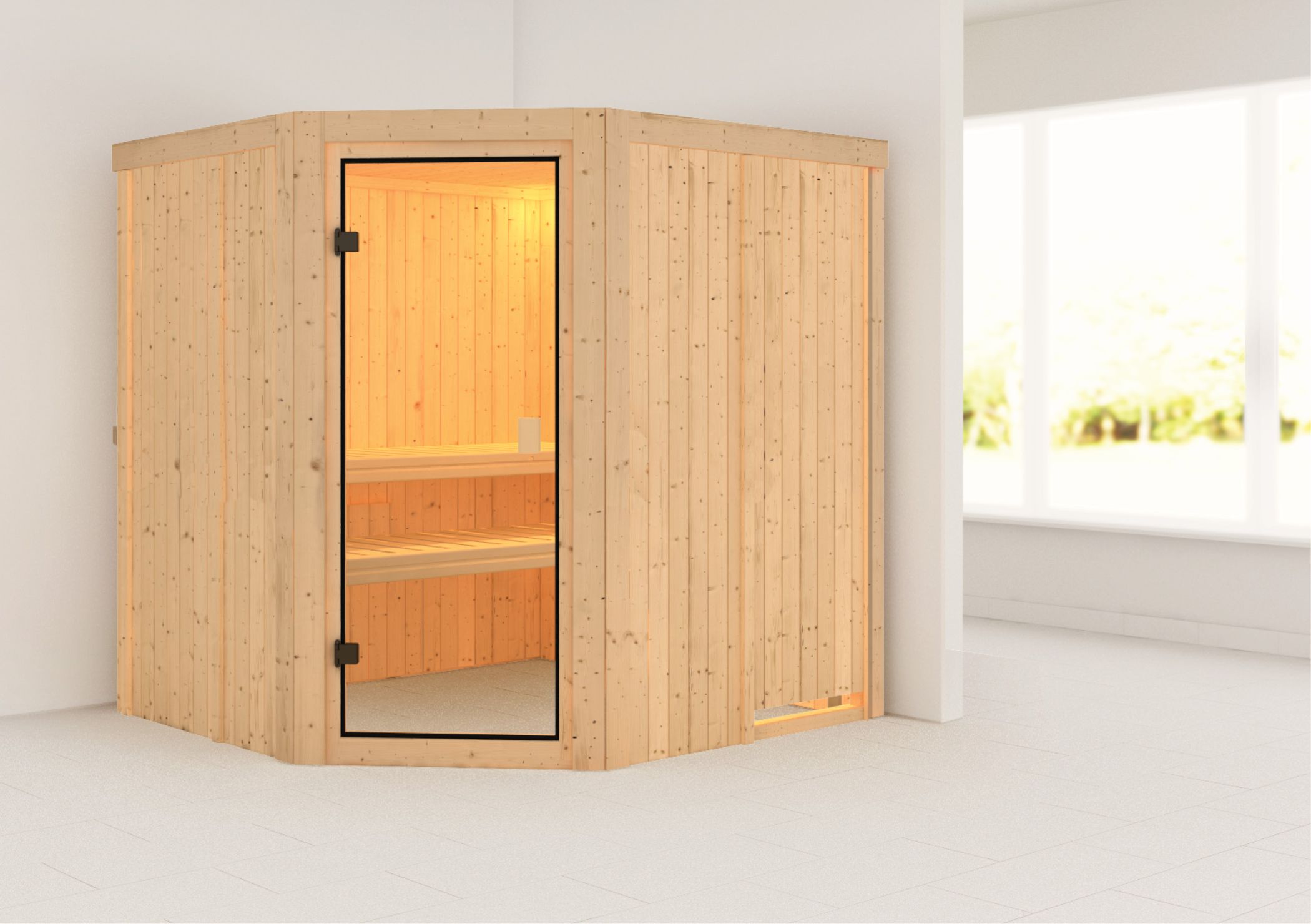 Außenansicht der Karibu Sauna Bodo aus nordischer Fichte mit Ganzglastür und Fronteinstieg