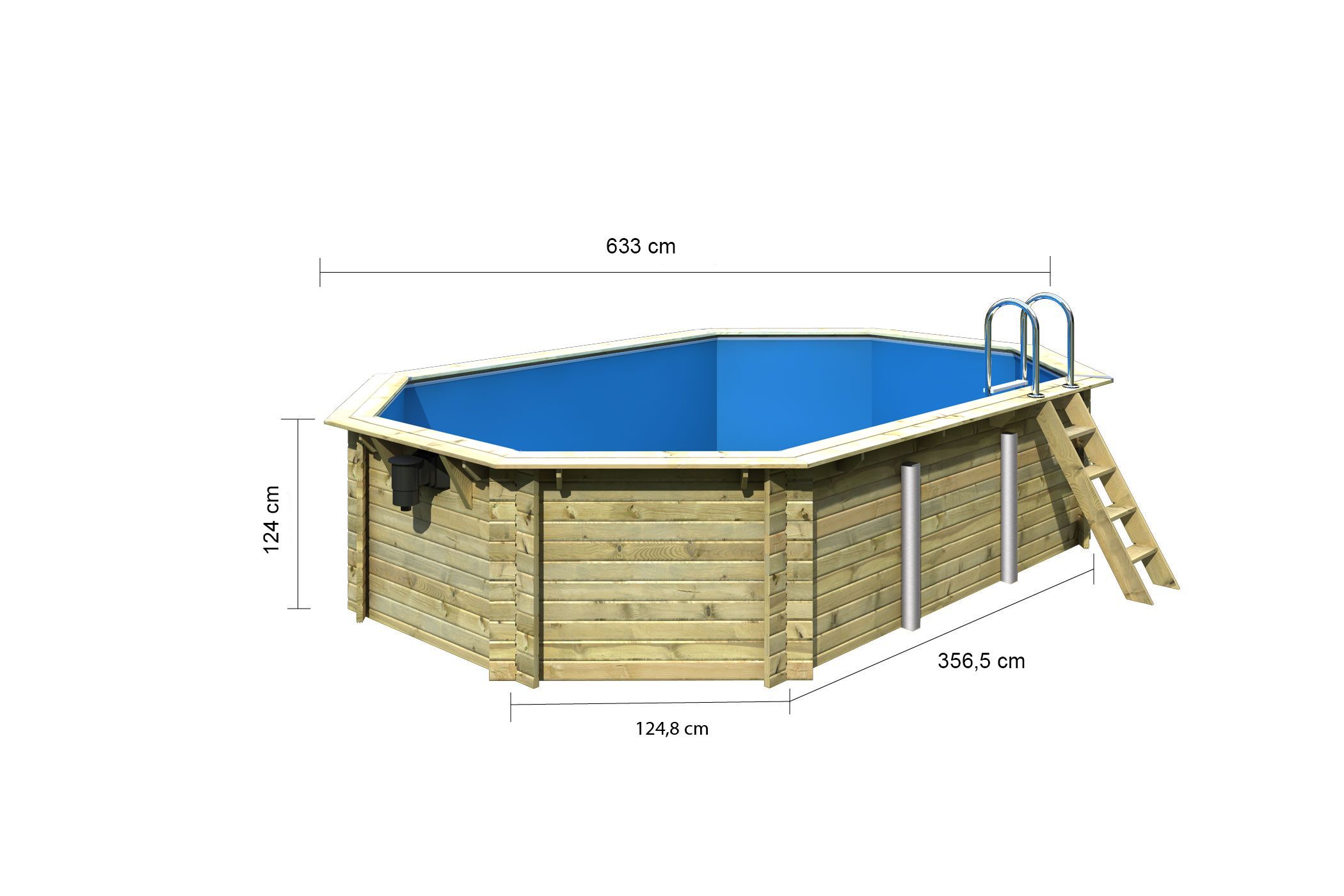 Bemaßte Maßzeichnung des Karibu Pool Modell 4, 358 × 569 cm
