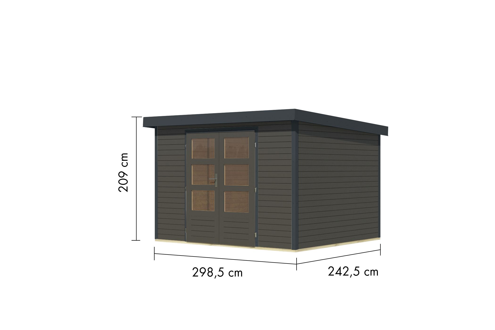 Bemaßte Maßzeichnung des Karibu Gartenhaus Holz & Metall Jupiter 5, 299 × 243 cm