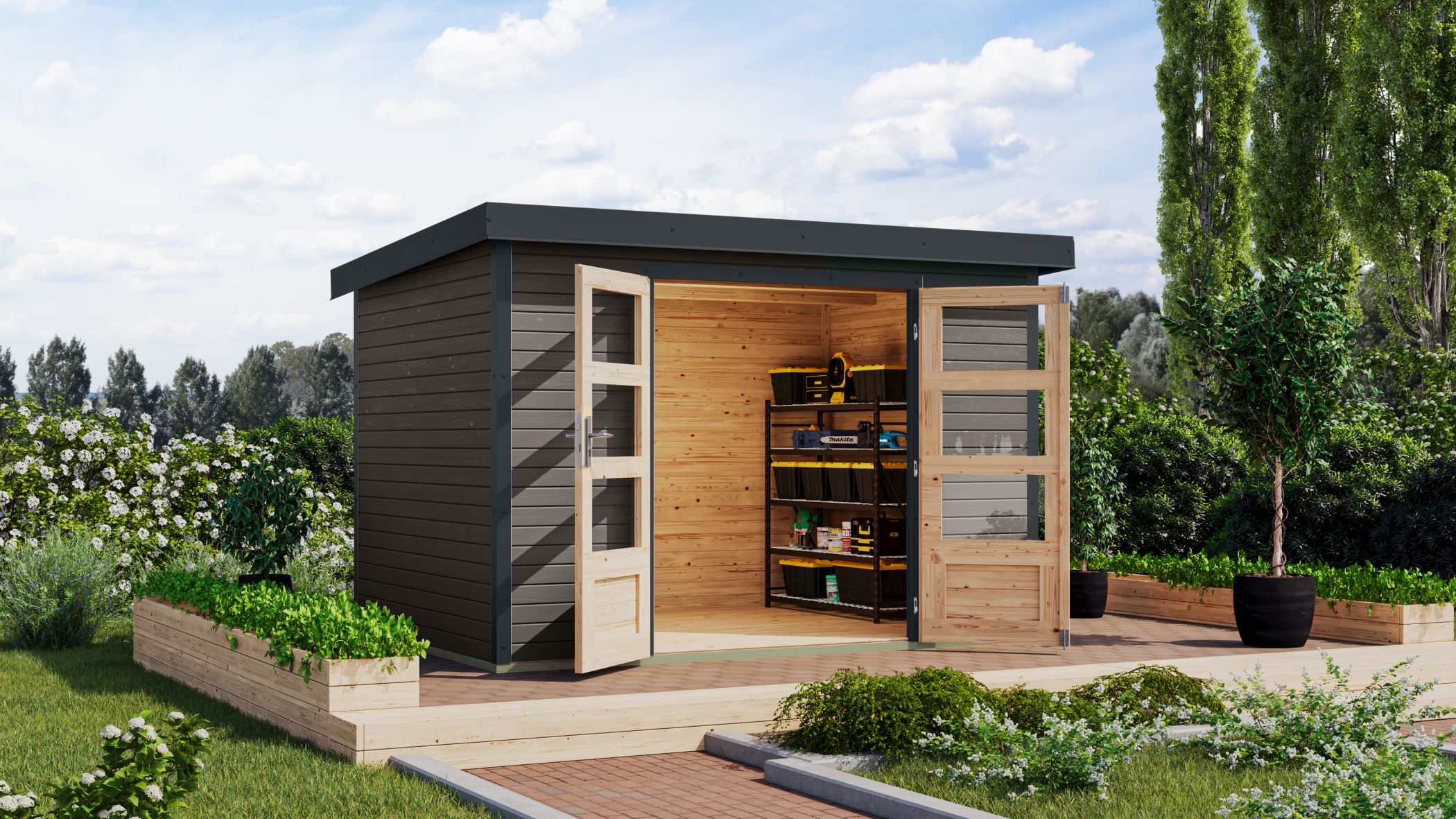 Karibu Gartenhaus Holz & Metall Jupiter 4 in Terragrau mit Metall in Anthrazit im Garten
