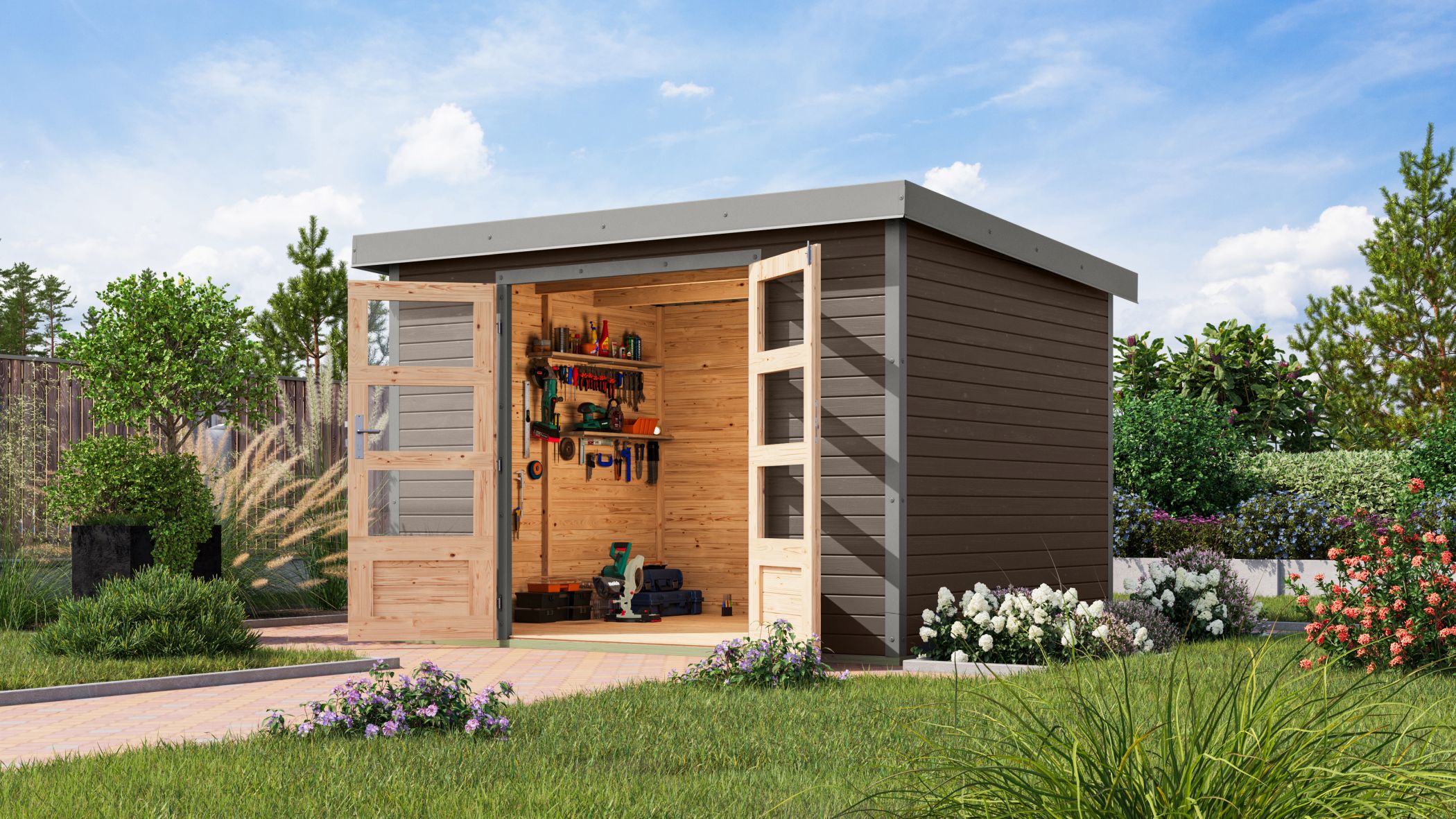 Karibu Gartenhaus Holz & Metall Jupiter 5 in Terragrau mit Metall in Graualuminium im Garten