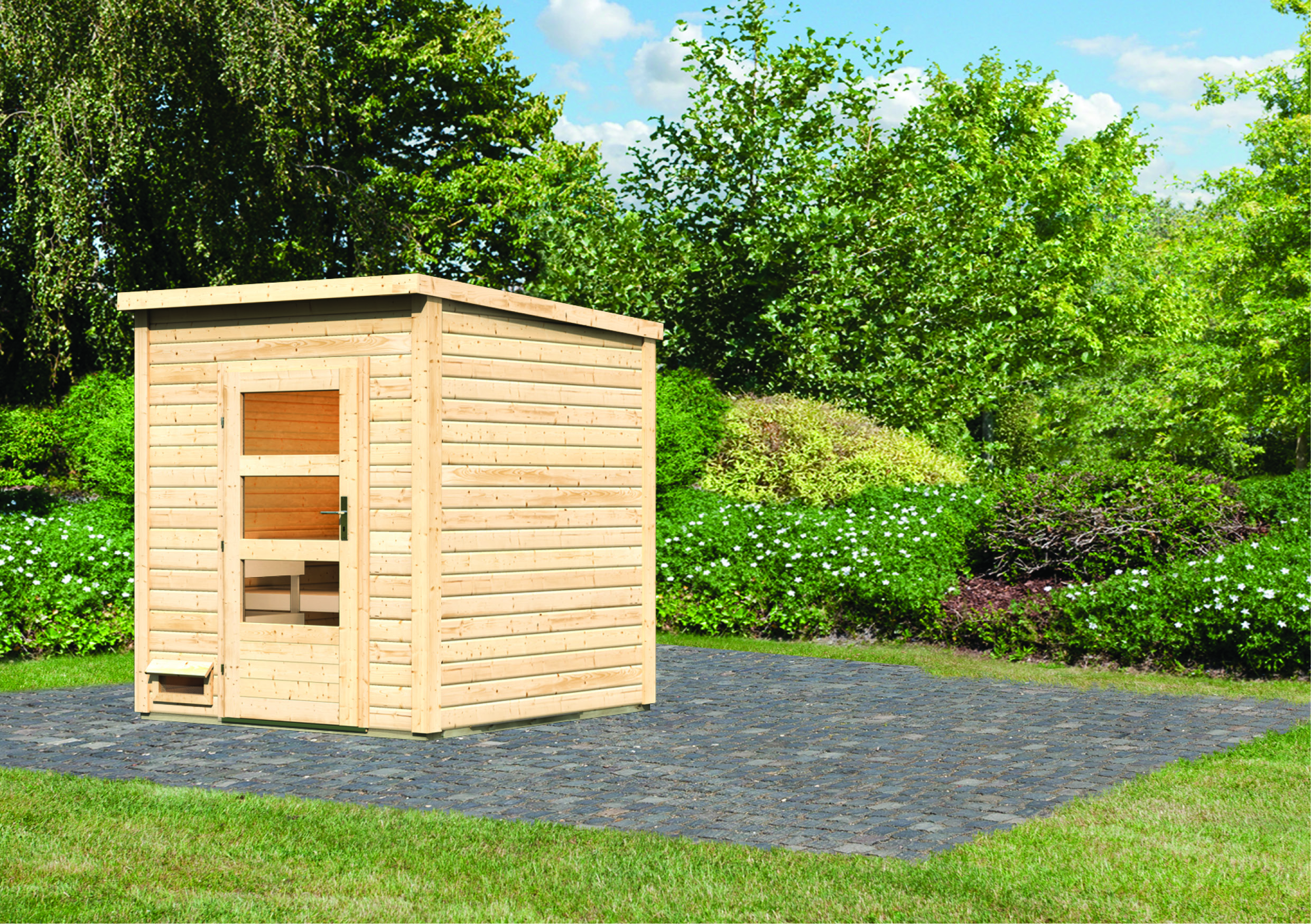 Karibu Saunahaus Pepe 2 als Gartensauna aus Massivholz im Garten mit Glasfront