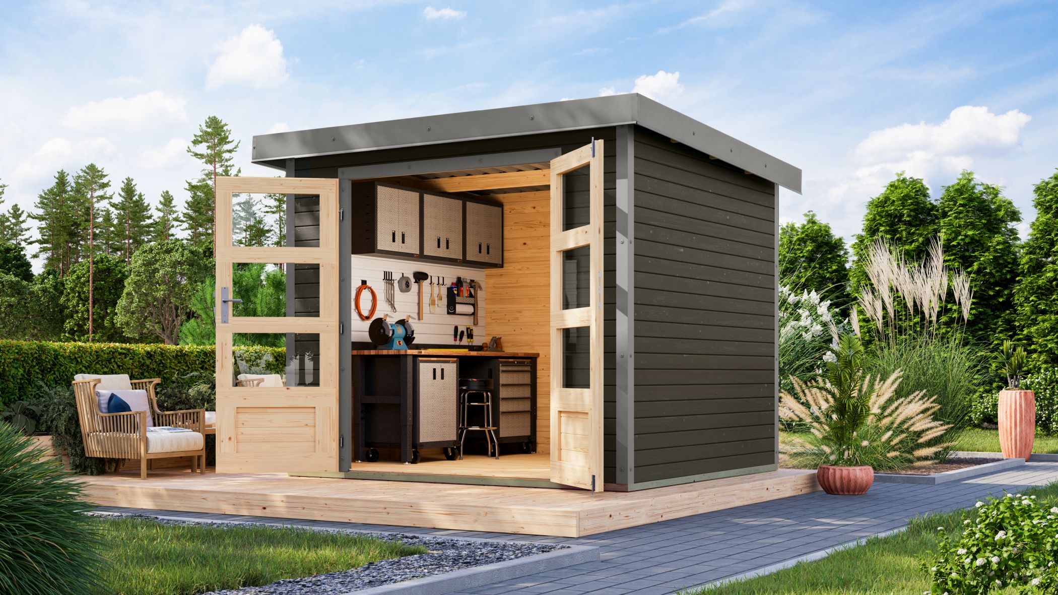 Karibu Gartenhaus Holz & Metall Jupiter 3 in Terragrau mit Metall in Graualuminium im Garten