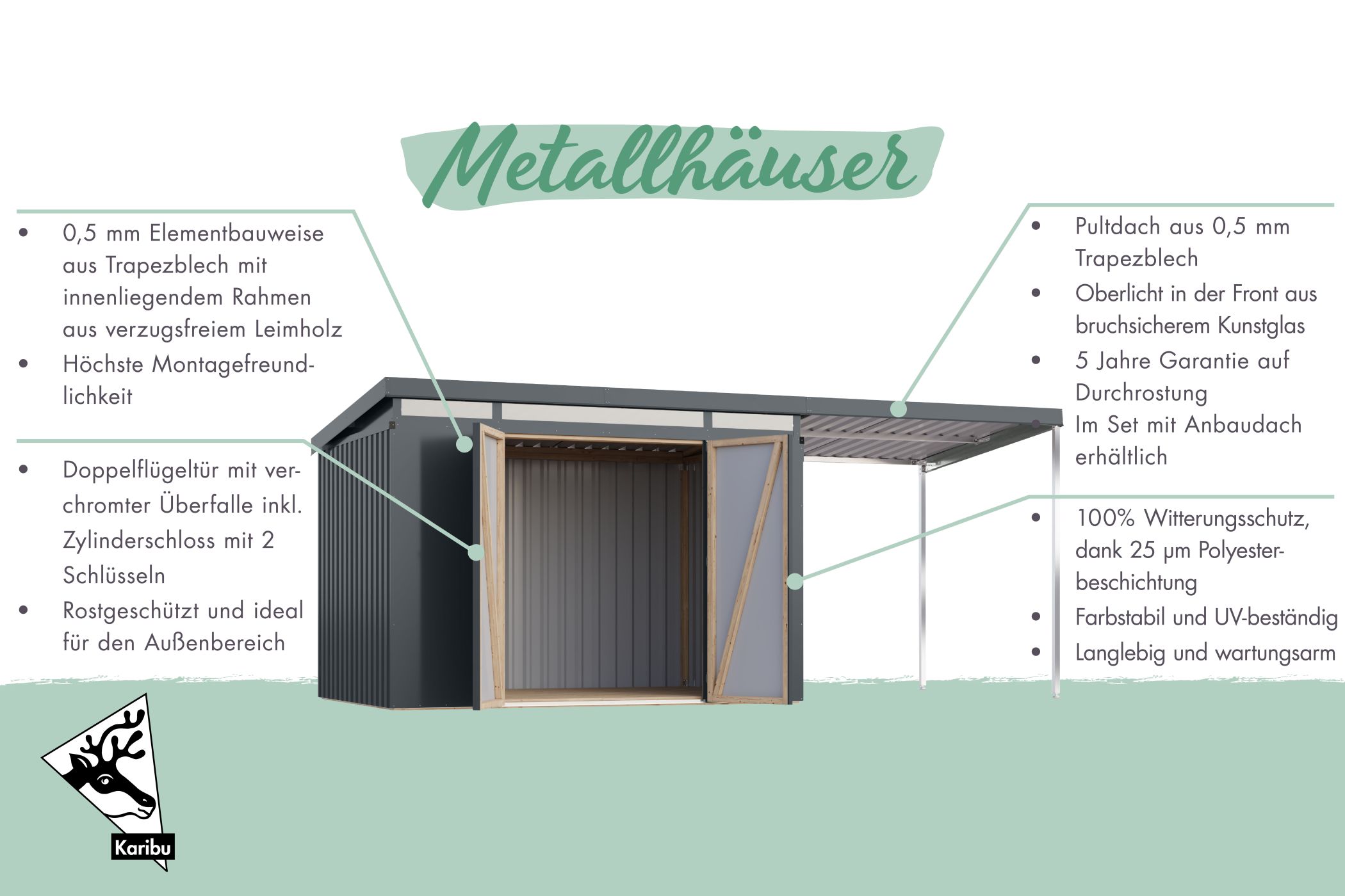 Karibu Gerätehaus aus Metall Iridium 2 in Graualuminium, Außenansicht
