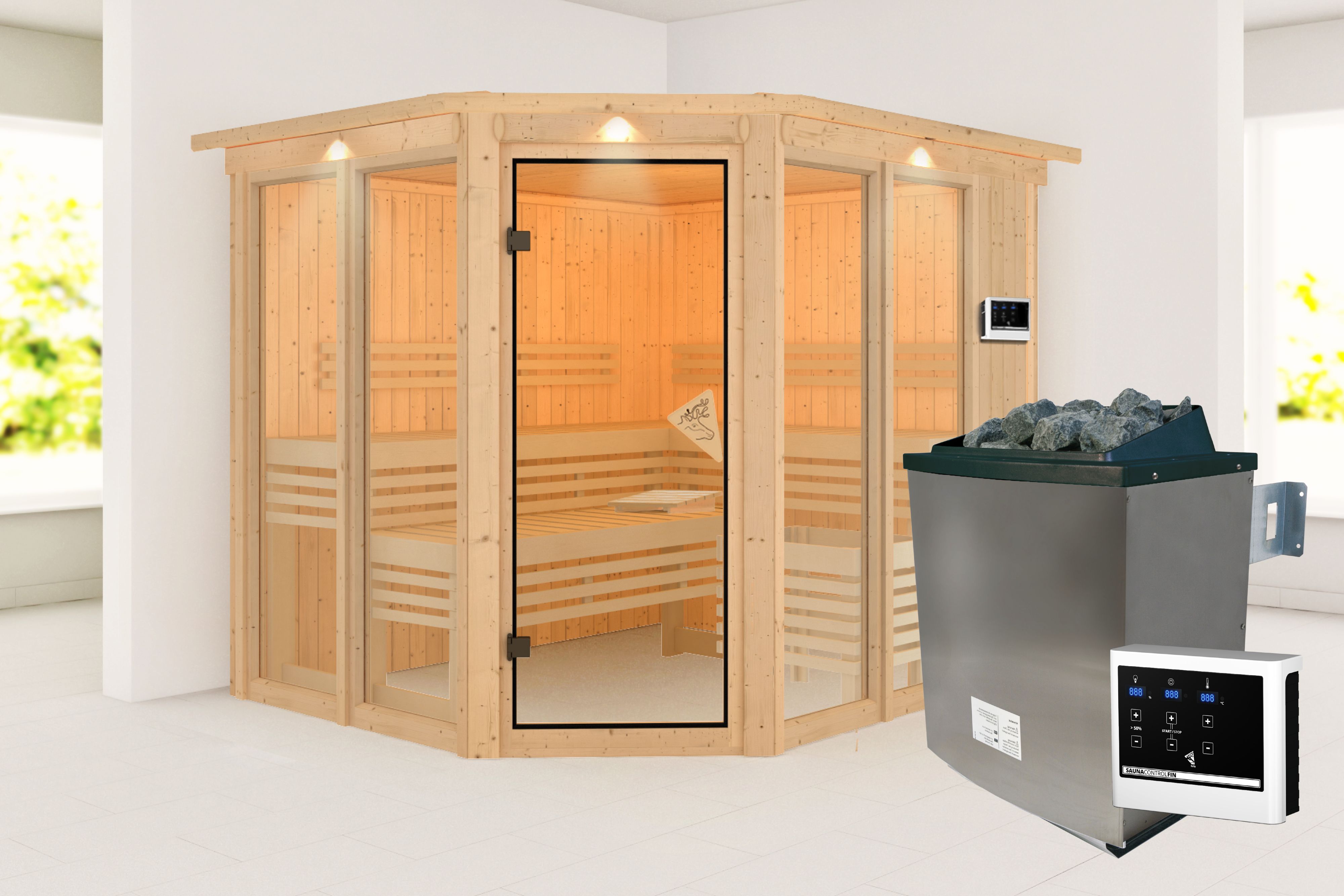 Außenansicht der Karibu Sauna Ainur aus nordischer Fichte mit Ganzglastür und Fronteinstieg