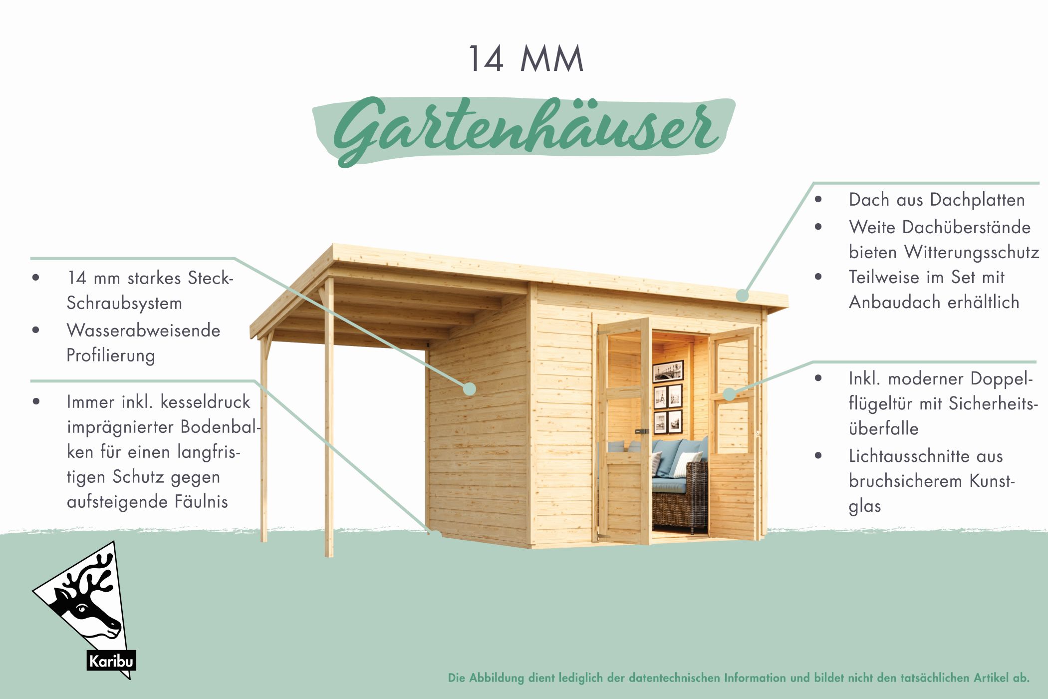 Karibu Gerätehaus Merseburg 2 in Vorvergraut und Anbaudach, Außenansicht