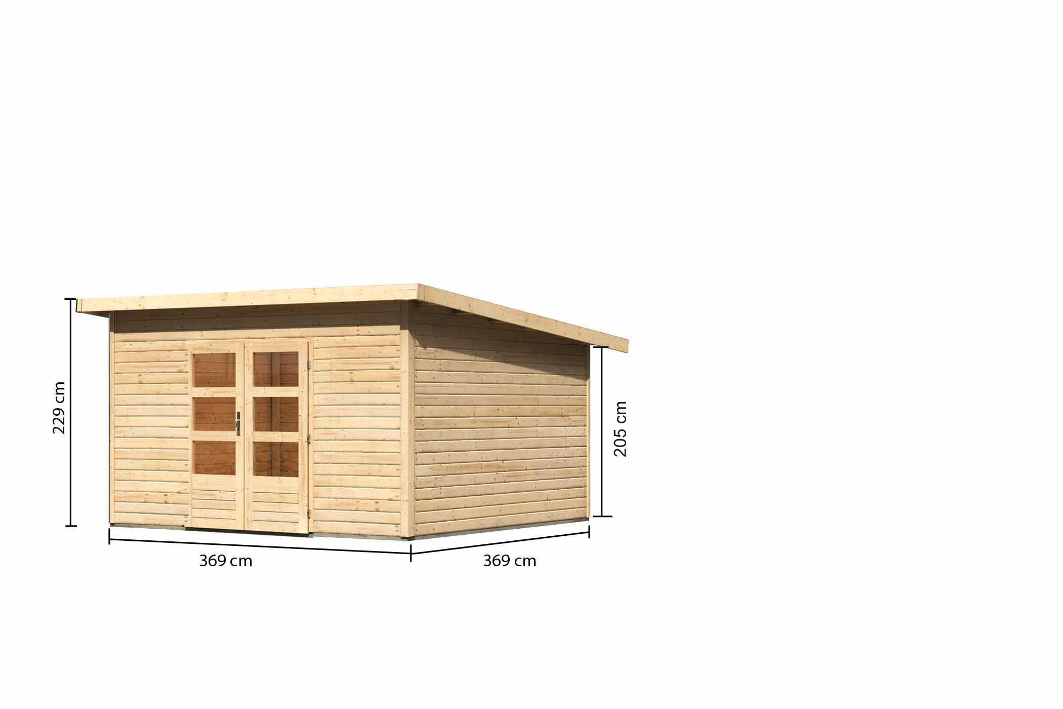 Bemaßte Maßzeichnung des Karibu großes Gartenhaus Northeim 5, 369 × 369 cm