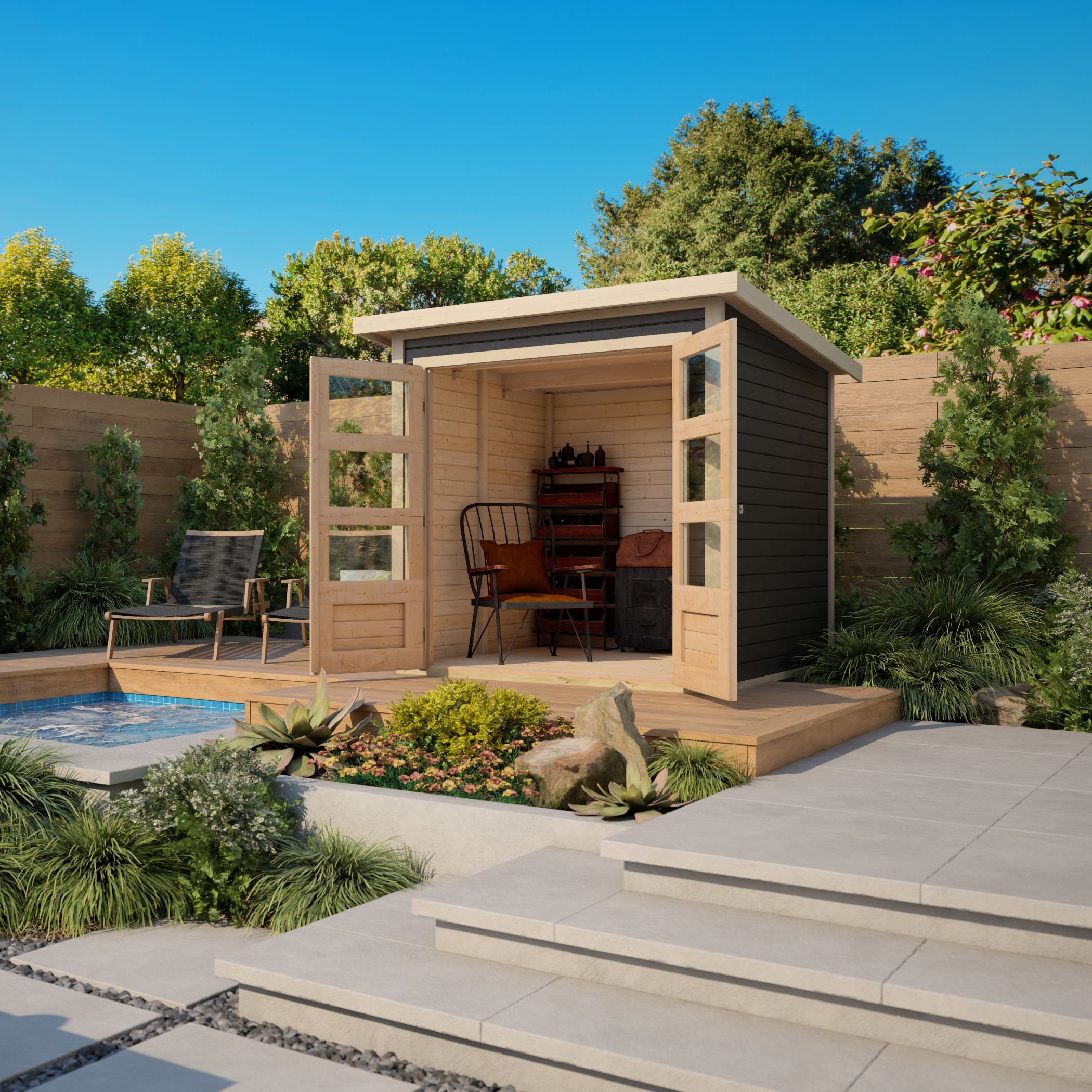 Karibu Gerätehaus Stockach 2 in Terragrau im Garten