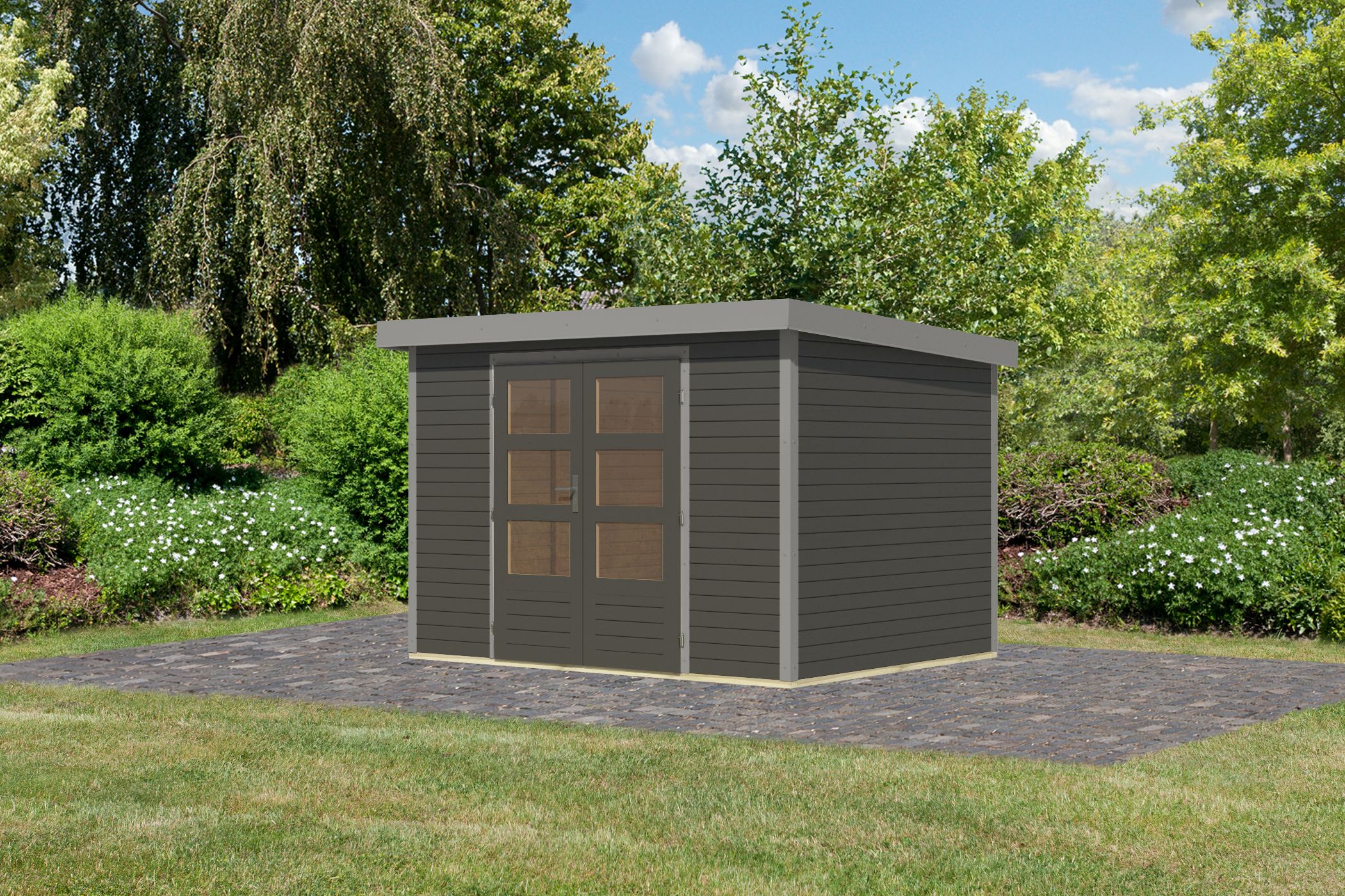 Karibu Gartenhaus Holz & Metall Jupiter 4 in Terragrau mit Metall in Graualuminium, Außenansicht