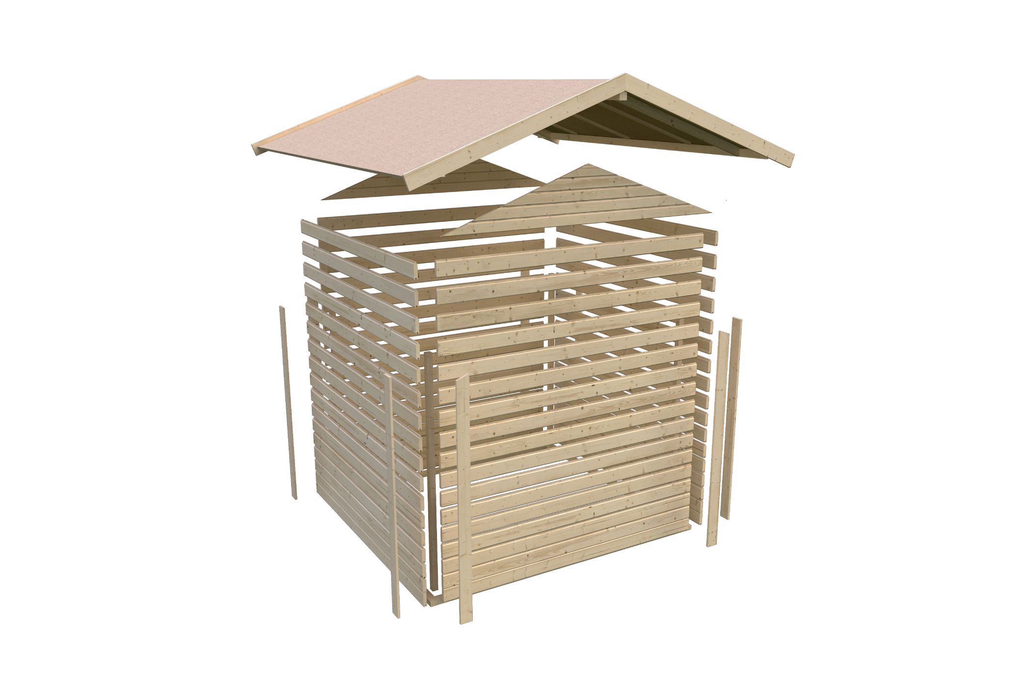 Aufbaudarstellung der Karibu kleines Gerätehaus Dahme 2 mit allen Bauteilen