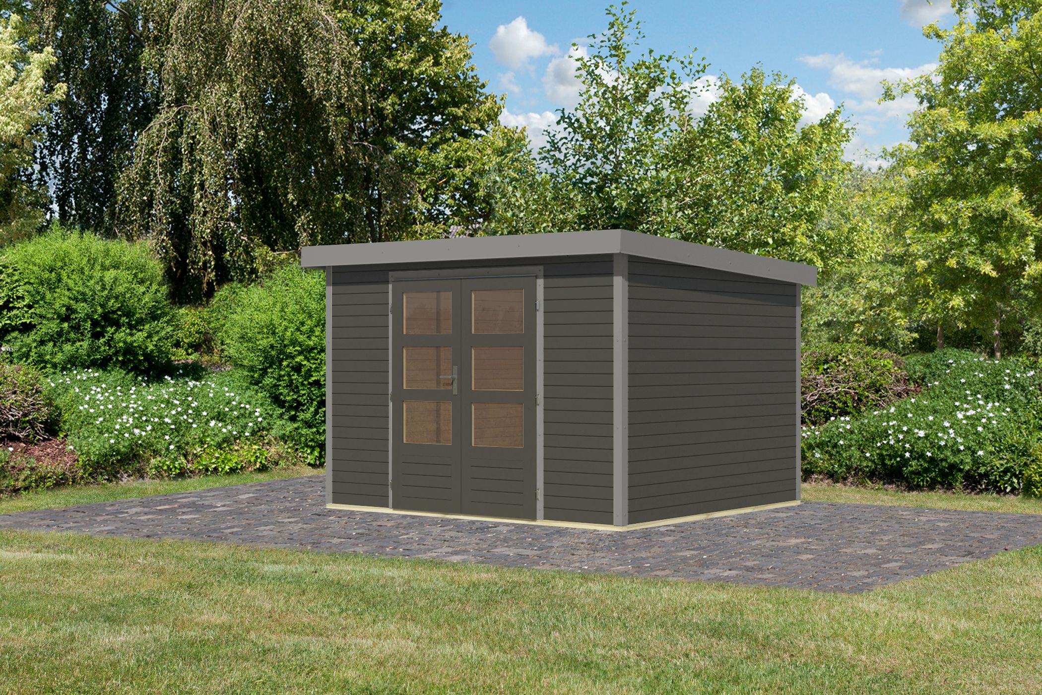 Karibu Gartenhaus Holz & Metall Jupiter 5 in Terragrau mit Metall in Graualuminium, Außenansicht