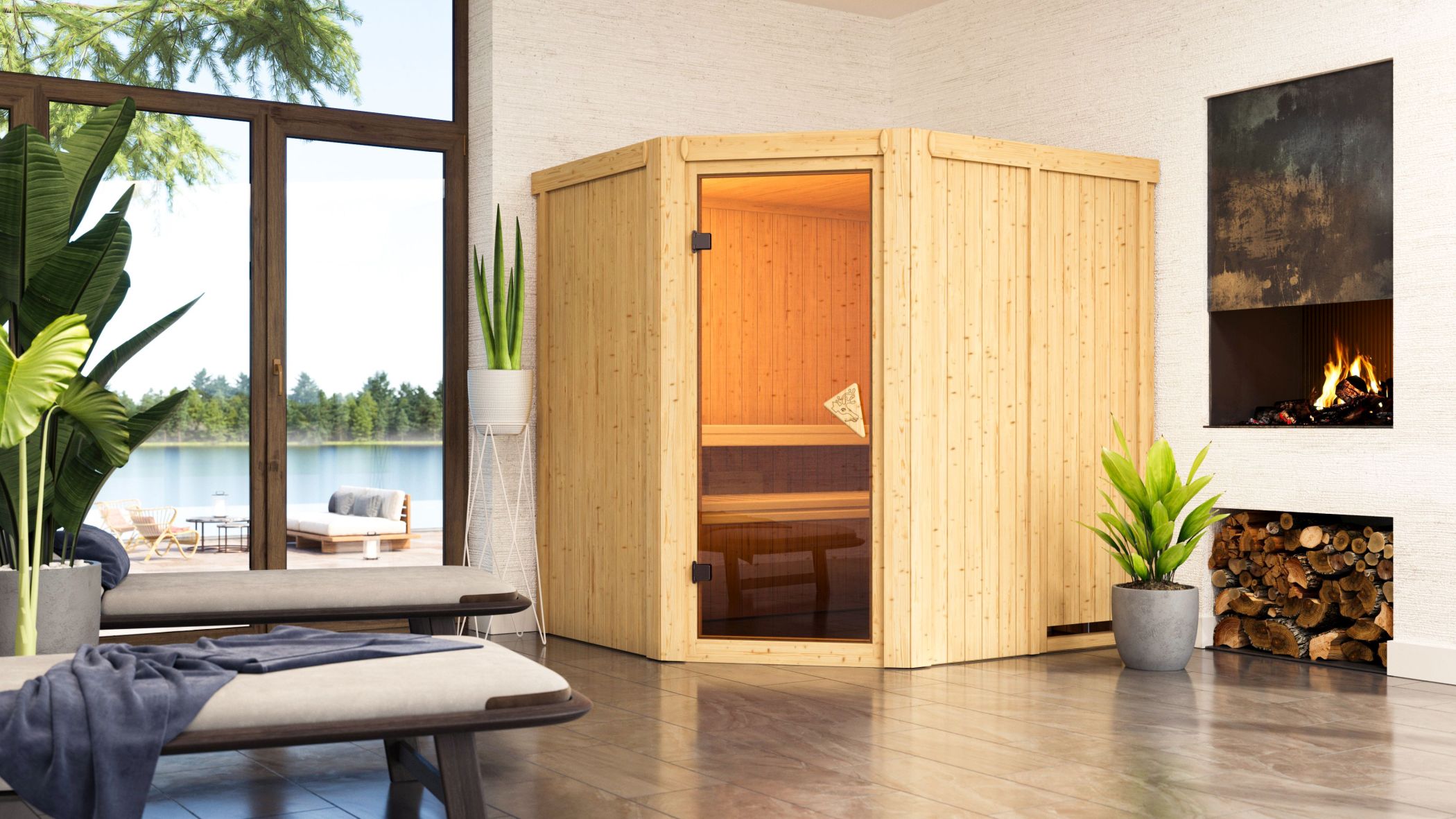 Karibu Sauna Lilja als hochwertige Sauna aus nordischer Fichte im Wohnraum-Ambiente