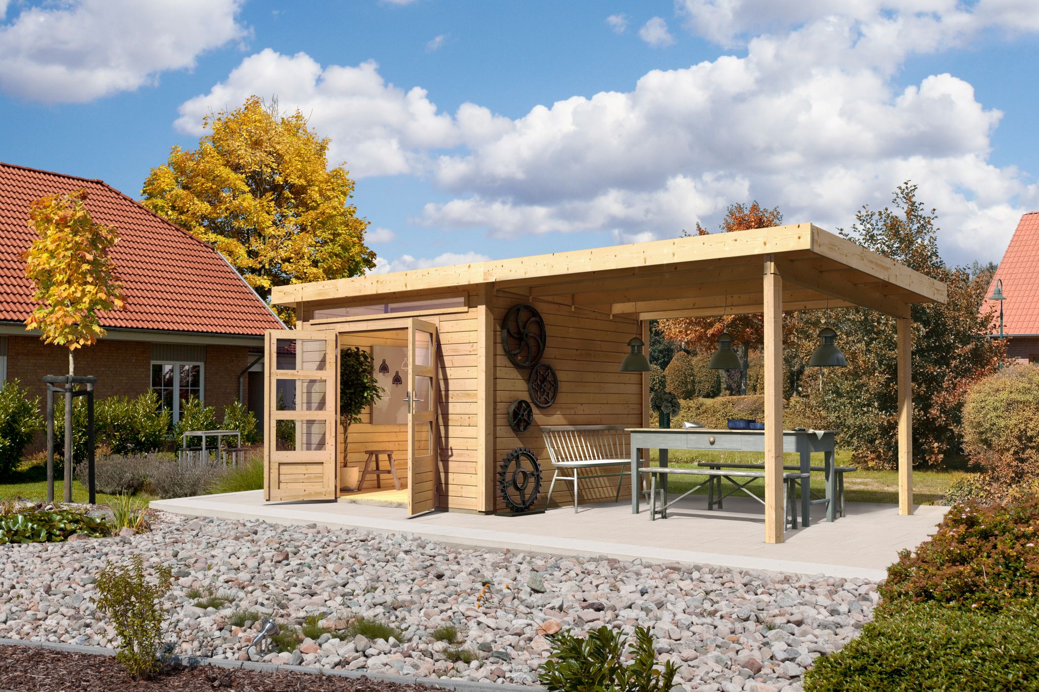 Karibu Gartenhaus Kandern 6 in Naturbelassen und Anbaudach im Garten