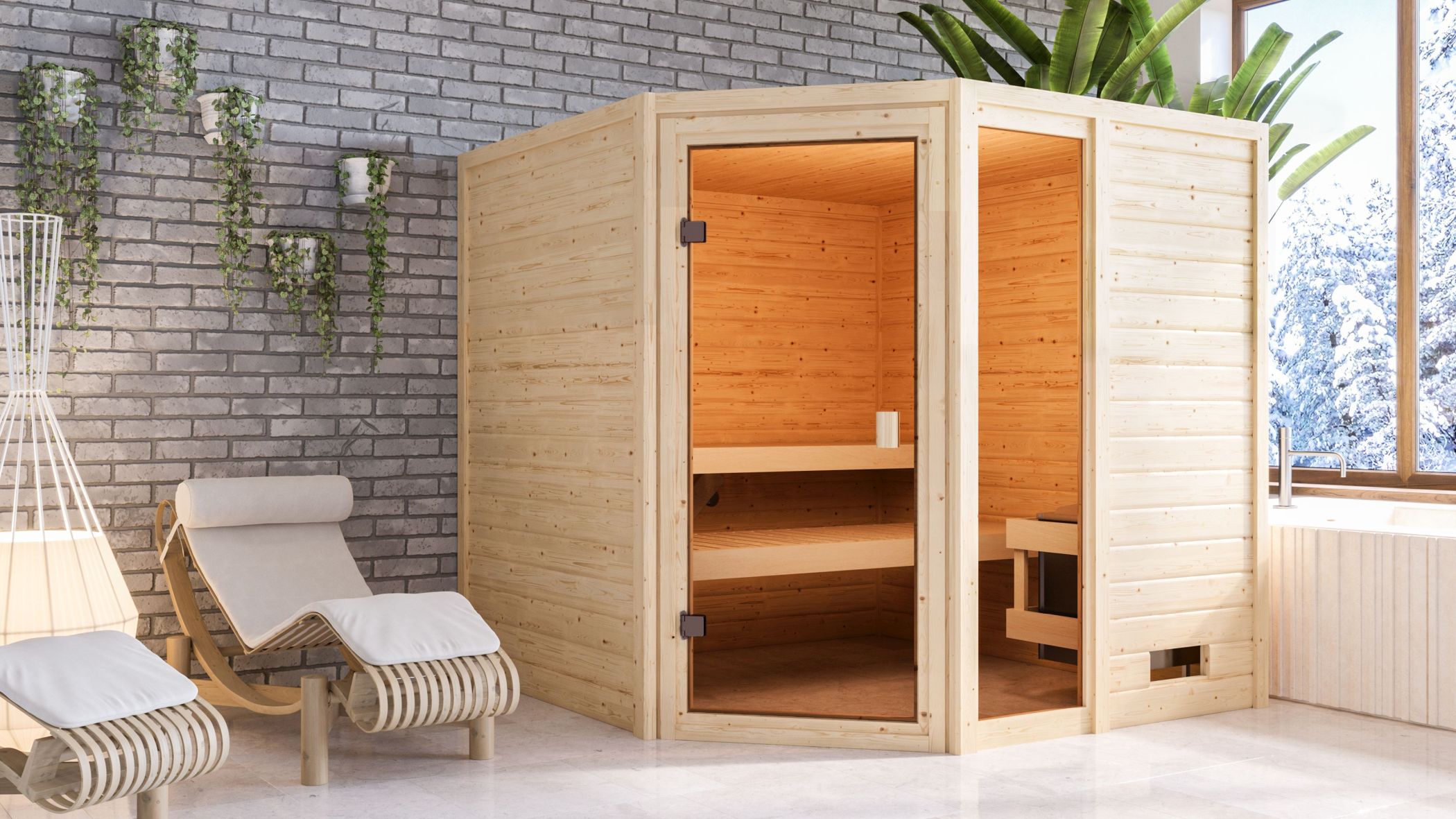 Karibu Sauna Tabea als hochwertige Sauna aus nordischer Fichte im Wohnraum-Ambiente
