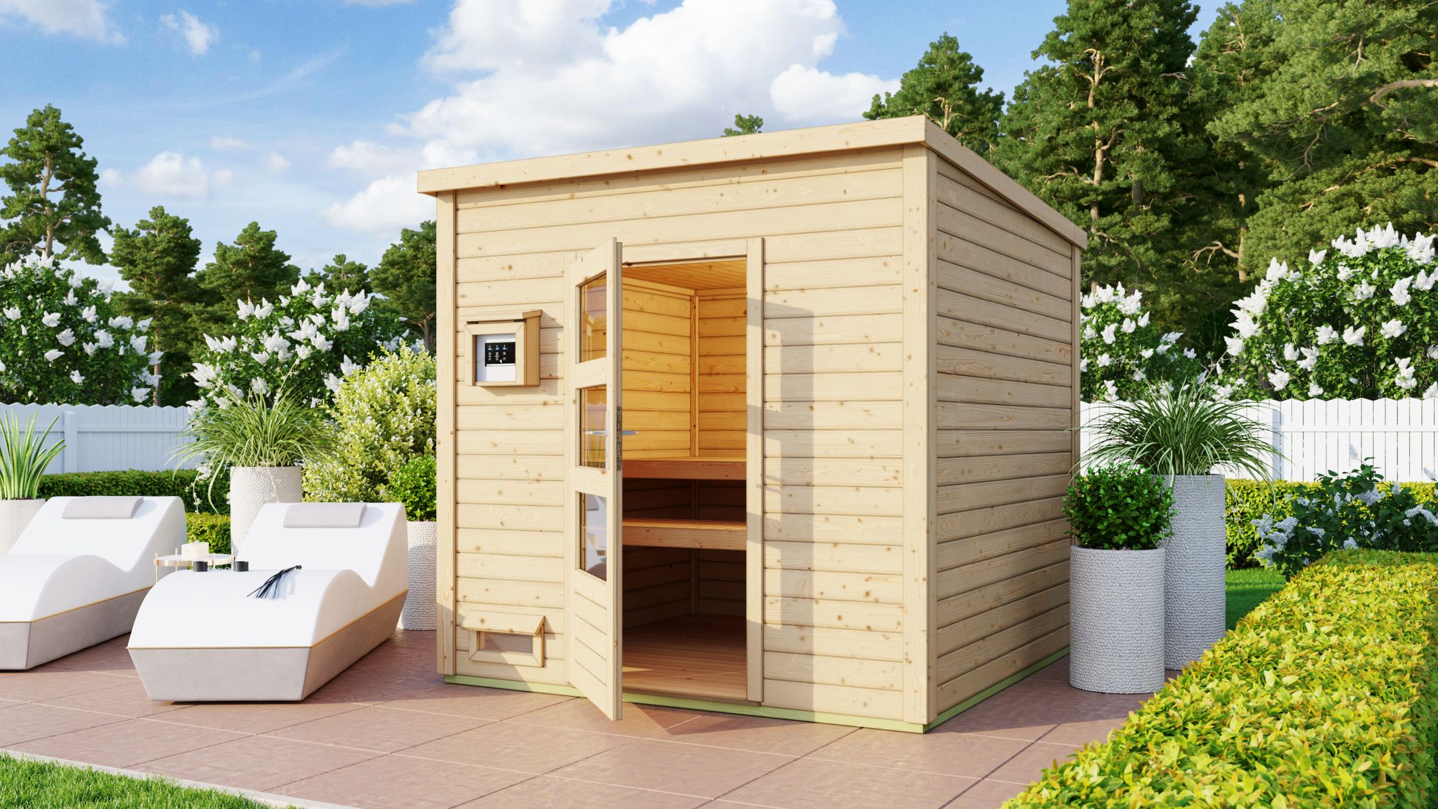 Karibu Saunahaus Pepe 4 als Gartensauna aus Massivholz im Garten mit Glasfront