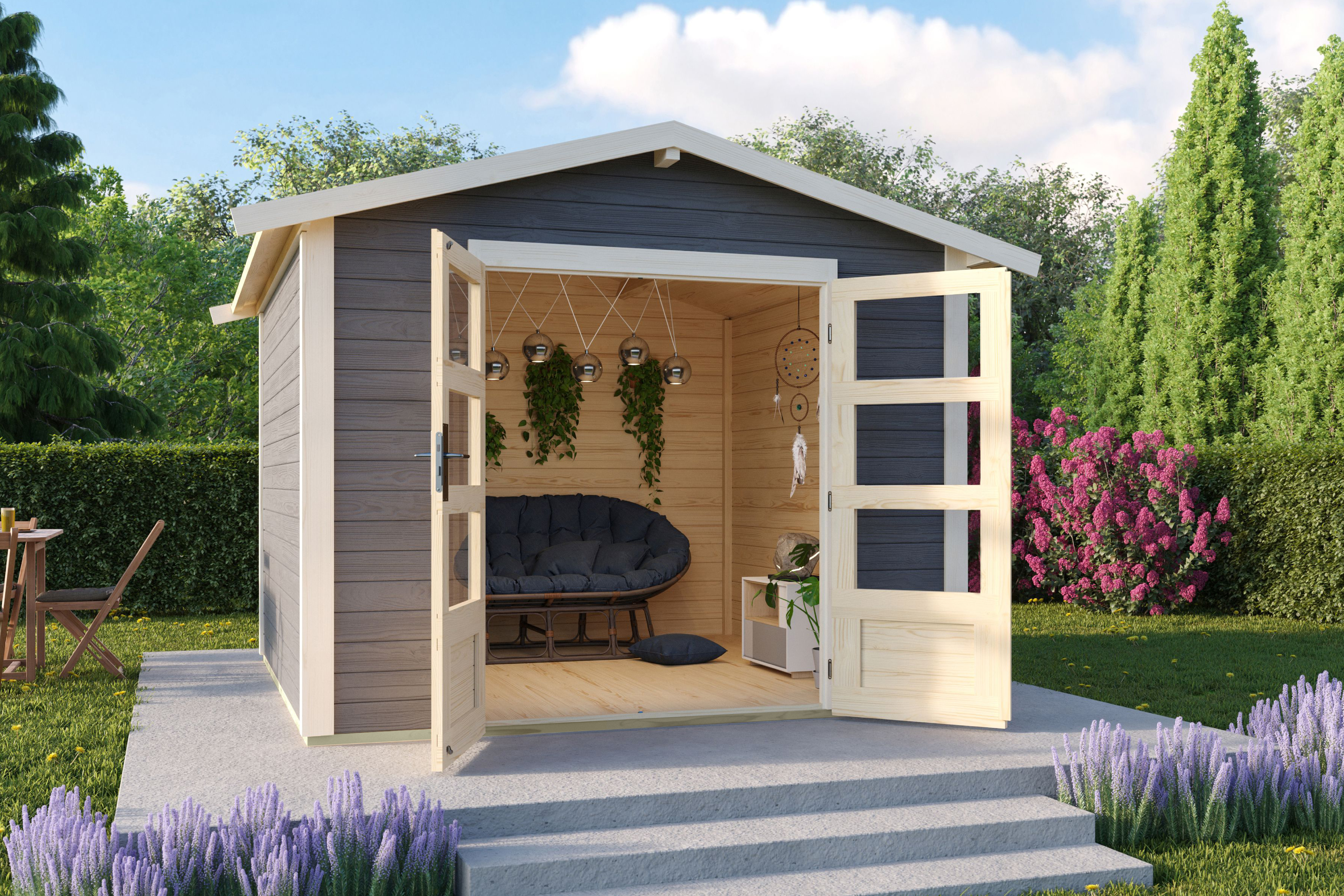 Karibu Gartenhaus Talkau 6 in Terragrau im Garten
