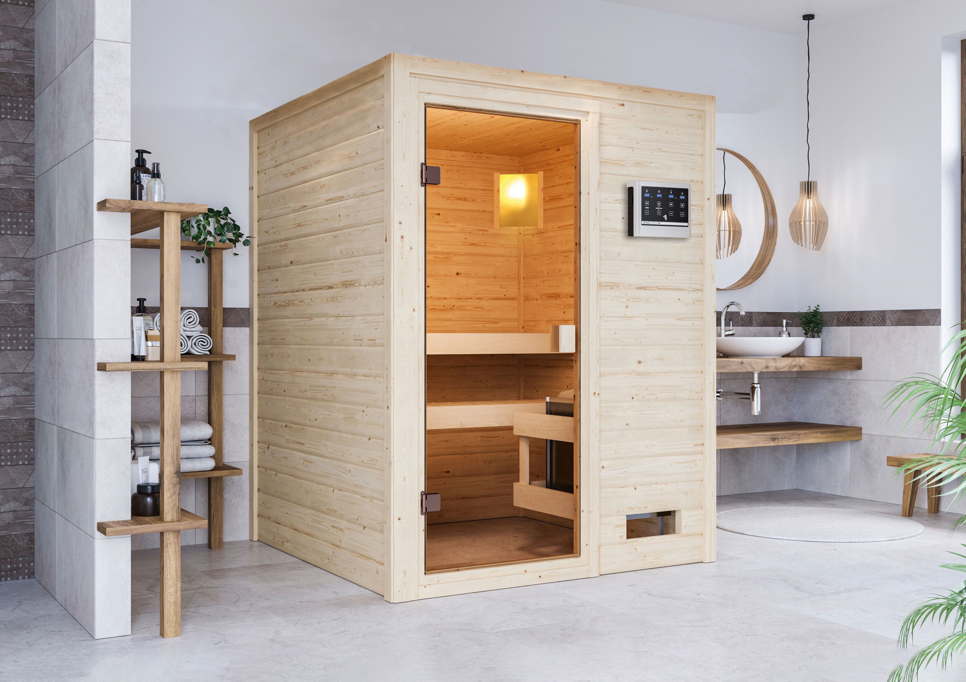 Karibu Sauna Sandra als hochwertige Sauna aus nordischer Fichte im Wohnraum-Ambiente