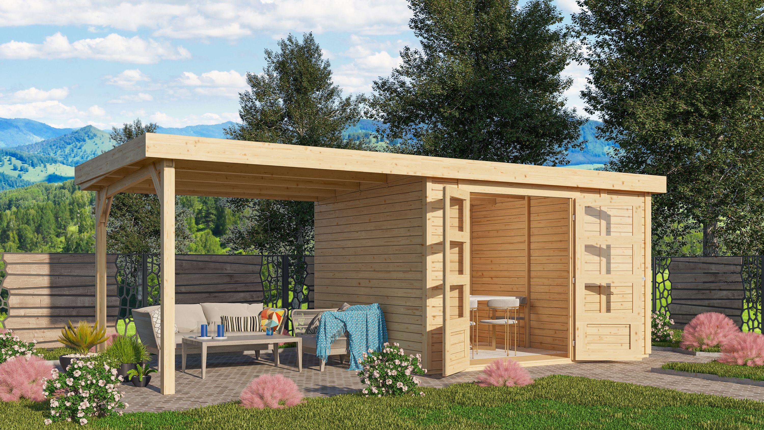 Karibu großes Gerätehaus Retola 4 in Naturbelassen und Anbaudach im Garten