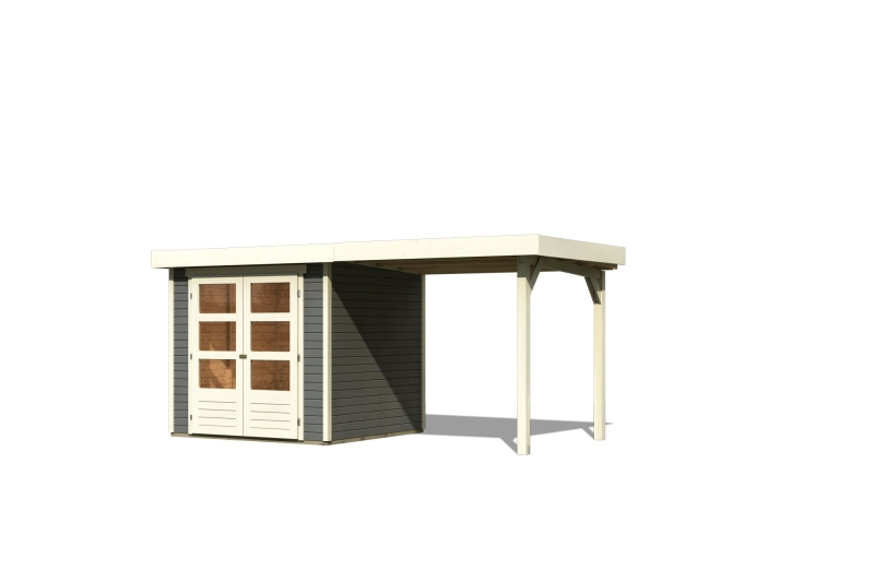 Karibu Gerätehaus Askola 2 in Terragrau und Anbaudach, Freisteller