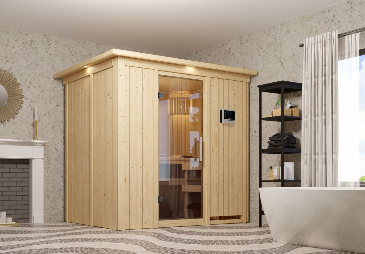 Karibu Sauna Fanja als hochwertige Sauna aus nordischer Fichte im Wohnraum-Ambiente