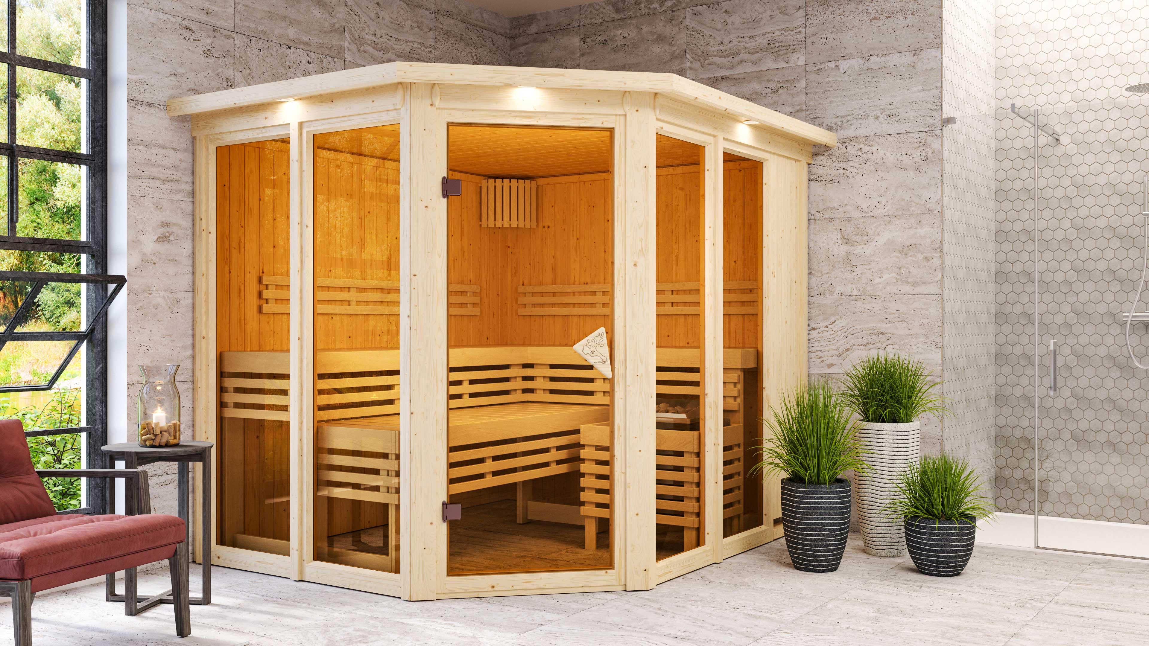 Beschriftete Übersichtsgrafik mit den Ausstattungsmerkmalen einer Karibu 68 mm Massivholzsauna