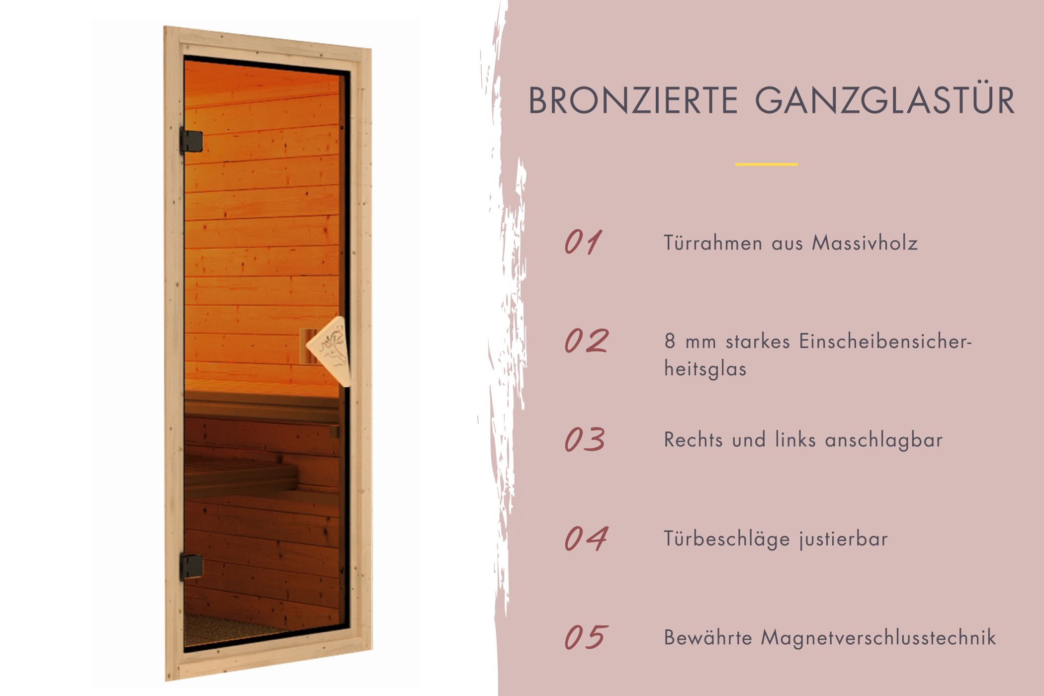 Hochwertige Saunatür aus 8 mm Sicherheitsglas mit Massivholzrahmen für Karibu Saunen