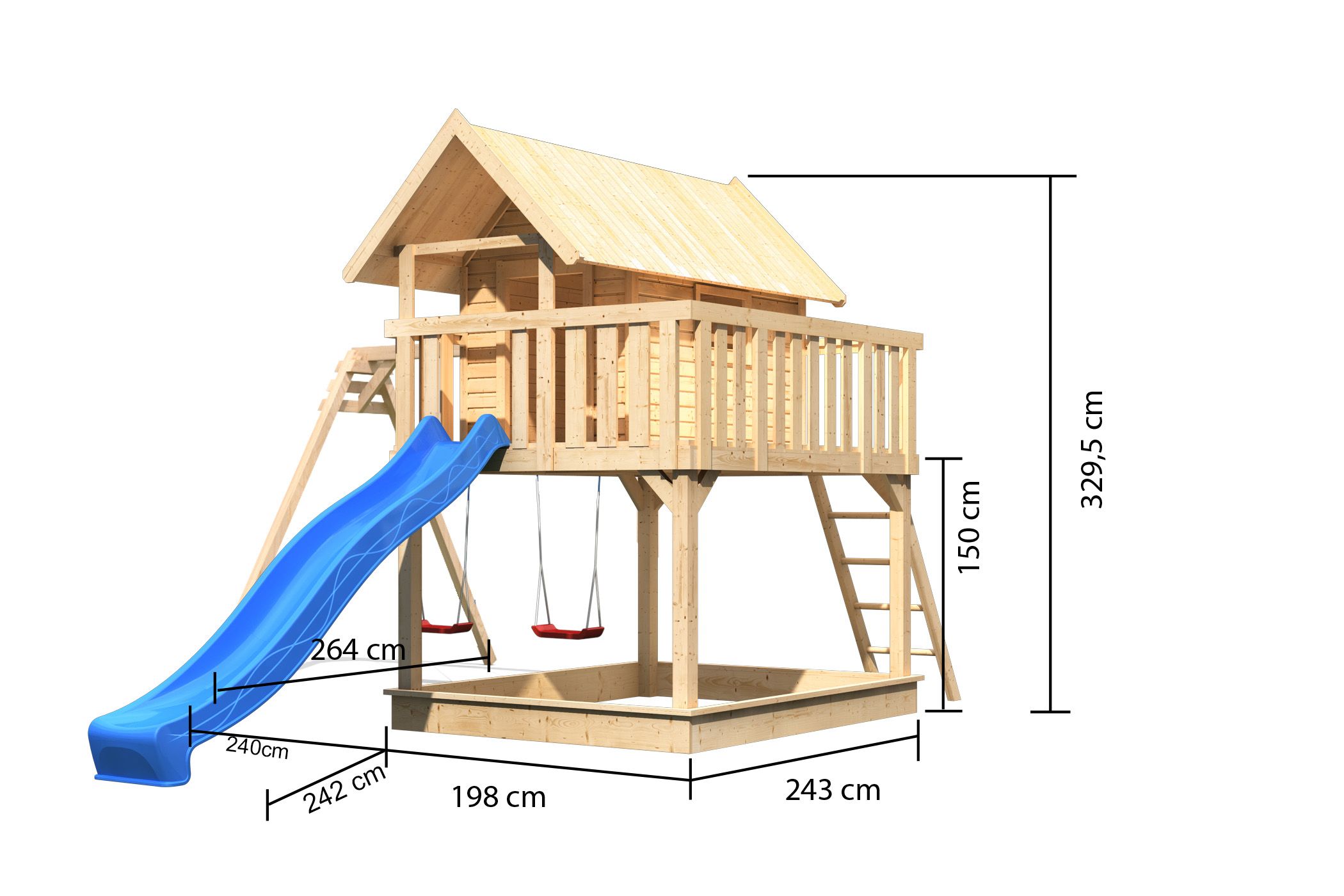 Maßzeichnung des AKUBI Spielturm Fidel mit Bemaßung von Grundfläche und Höhe