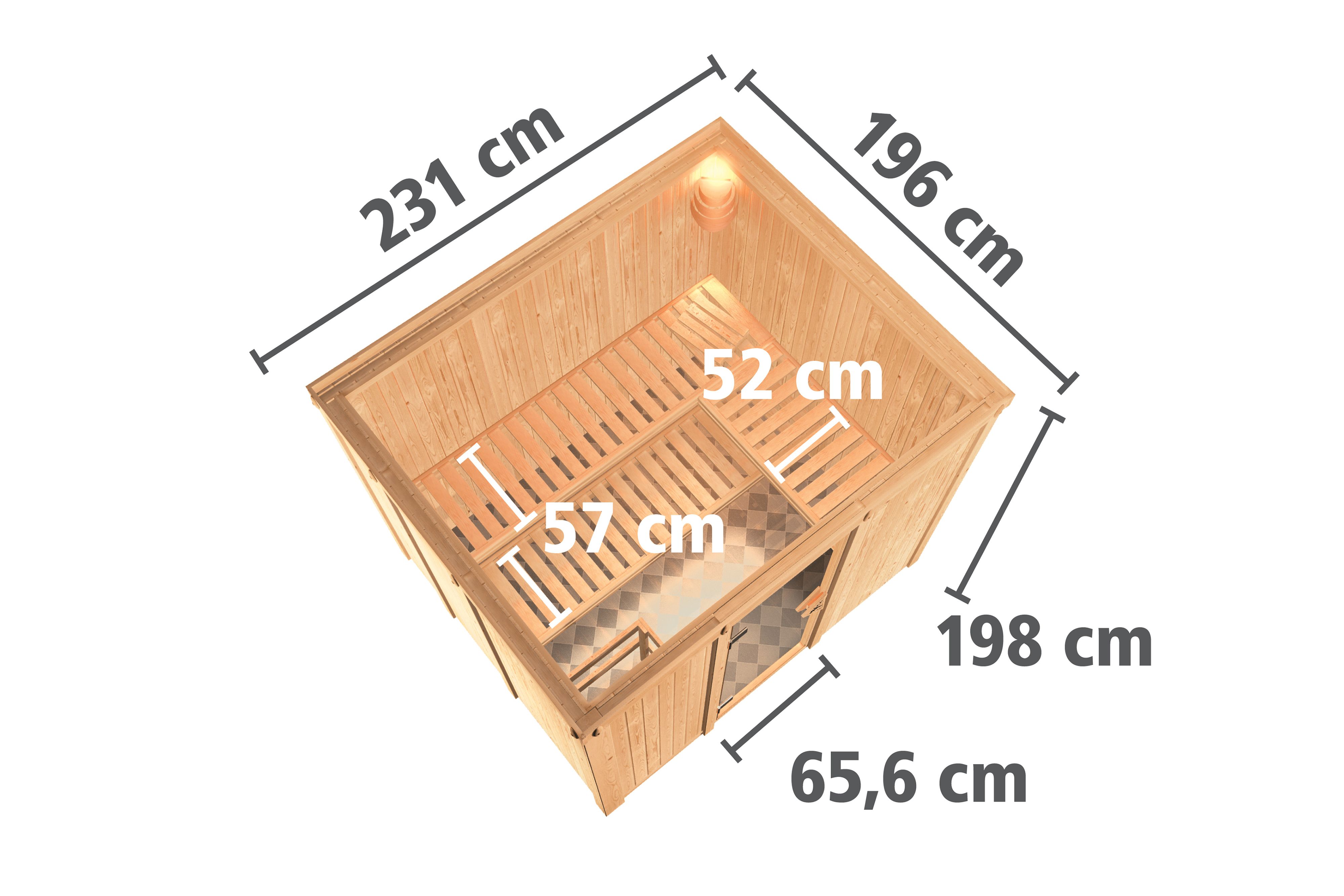 Maßzeichnung der Karibu Sauna Gobin mit Außenmaß 231 × 196 cm und Höhe 198 cm