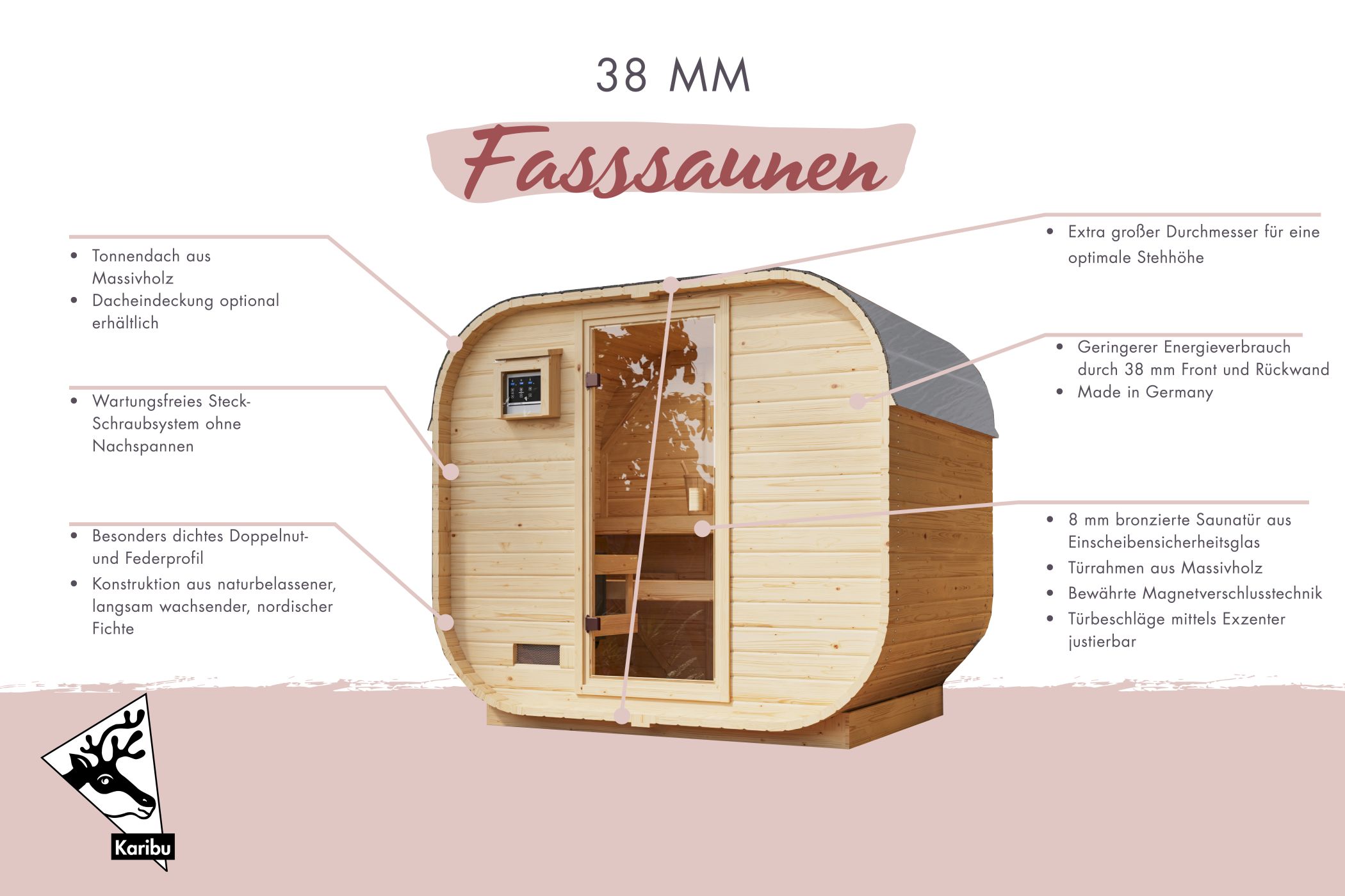 Freistellende Außenansicht der Karibu Fasssauna Quadro 0 in Tonnenform aus massiver nordischer Fichte
