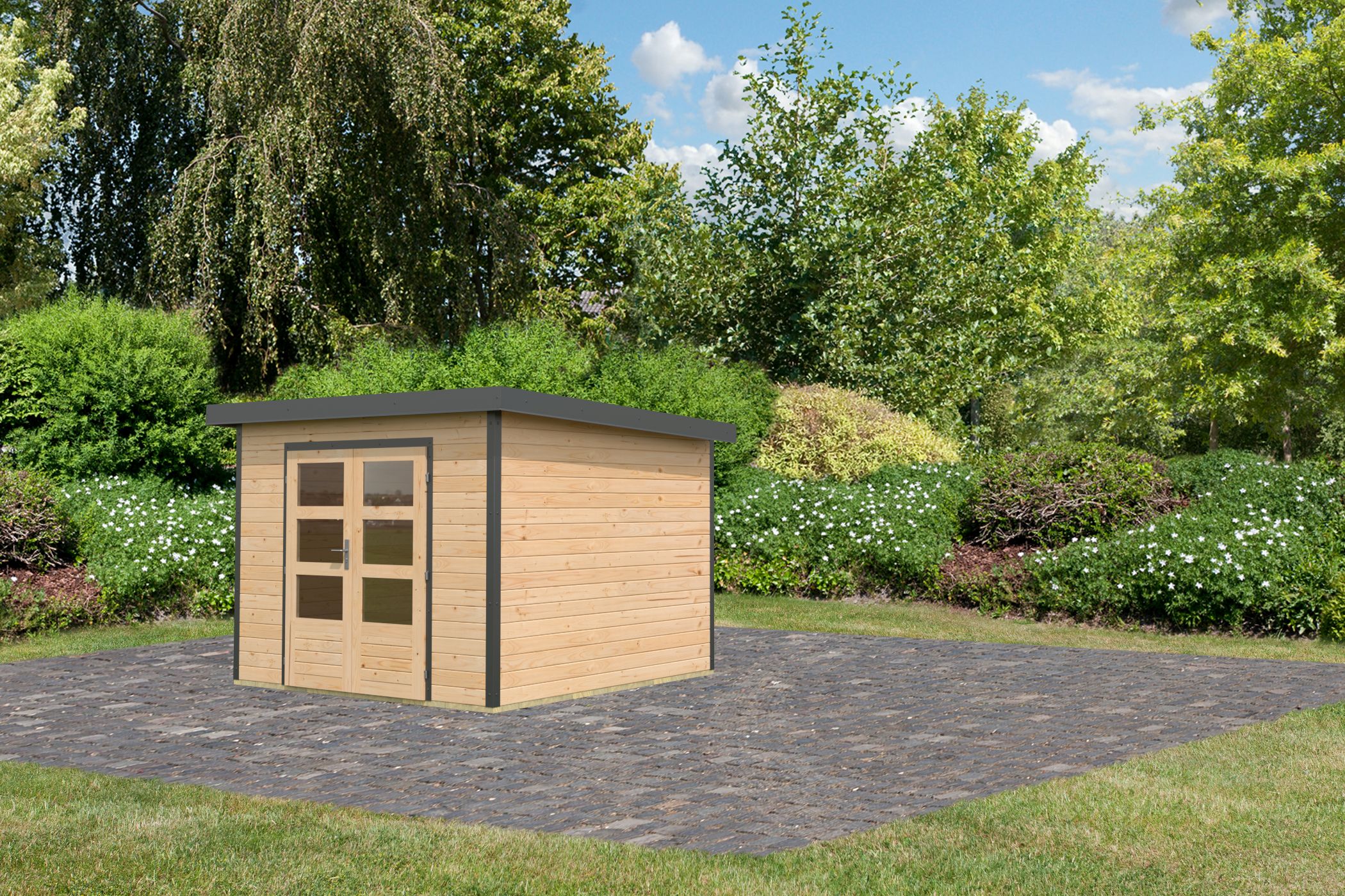 Karibu Gartenhaus Holz & Metall Pluto 6 in Naturbelassen mit Metall in Anthrazit, Außenansicht