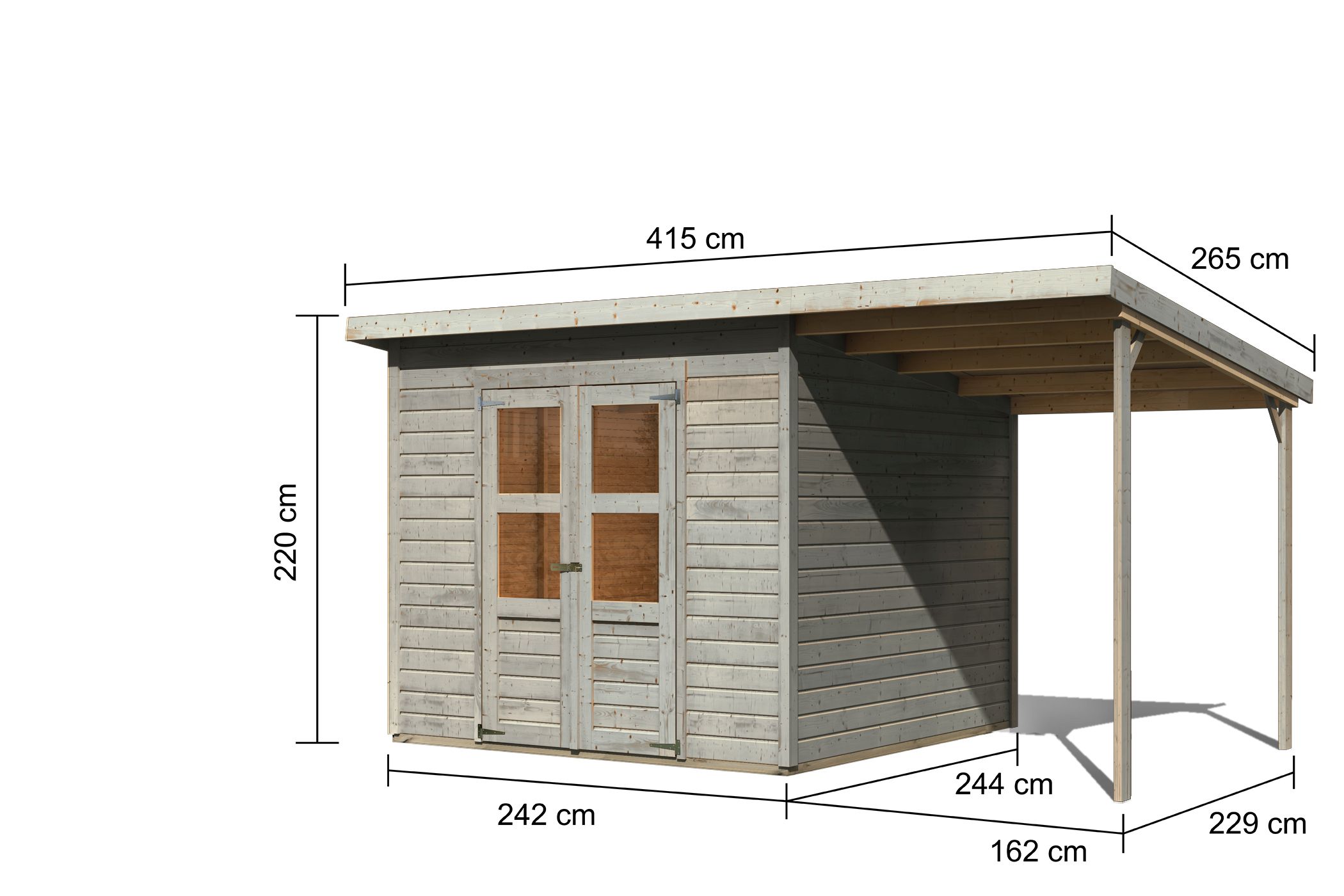 Bemaßte Maßzeichnung des Karibu Gerätehaus Merseburg 6 mit Anbaudach, 415 × 265 cm