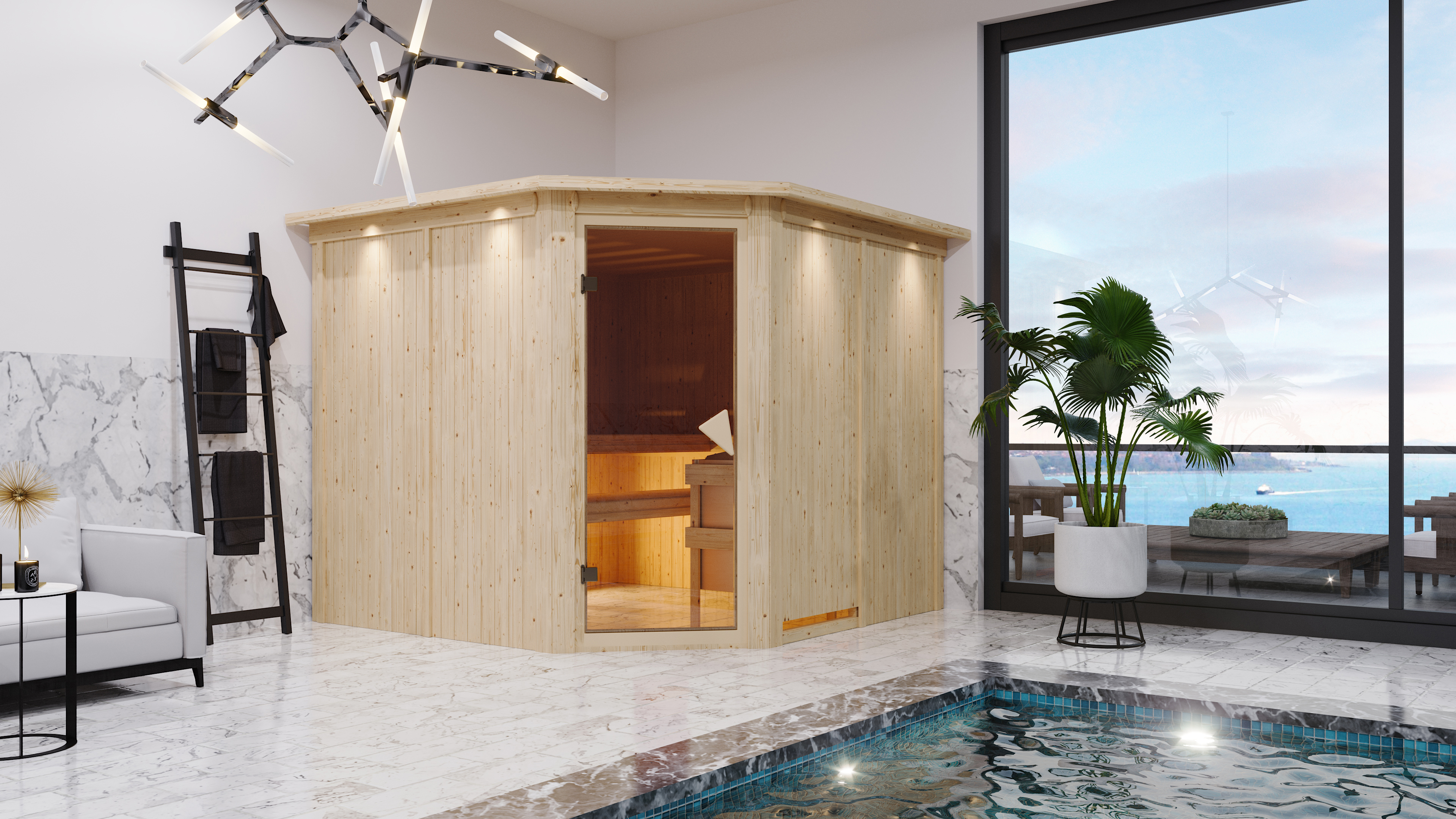 Karibu Sauna Malin als stimmungsvoller Wellnessbereich in einem modern eingerichteten Wohnraum