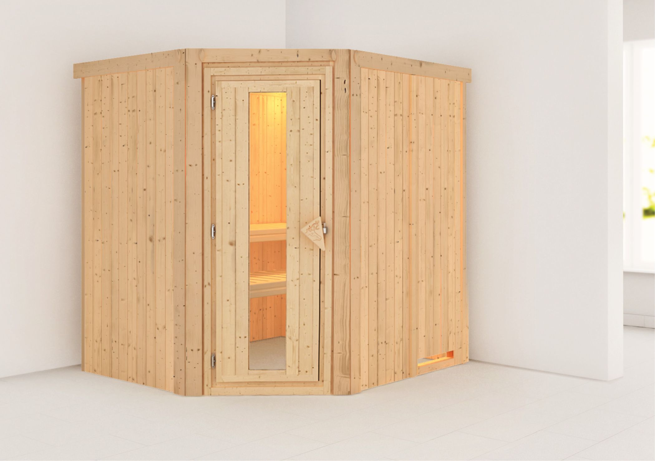 Außenansicht der Karibu Sauna Lilja aus nordischer Fichte mit isolierter Holztür und Fronteinstieg