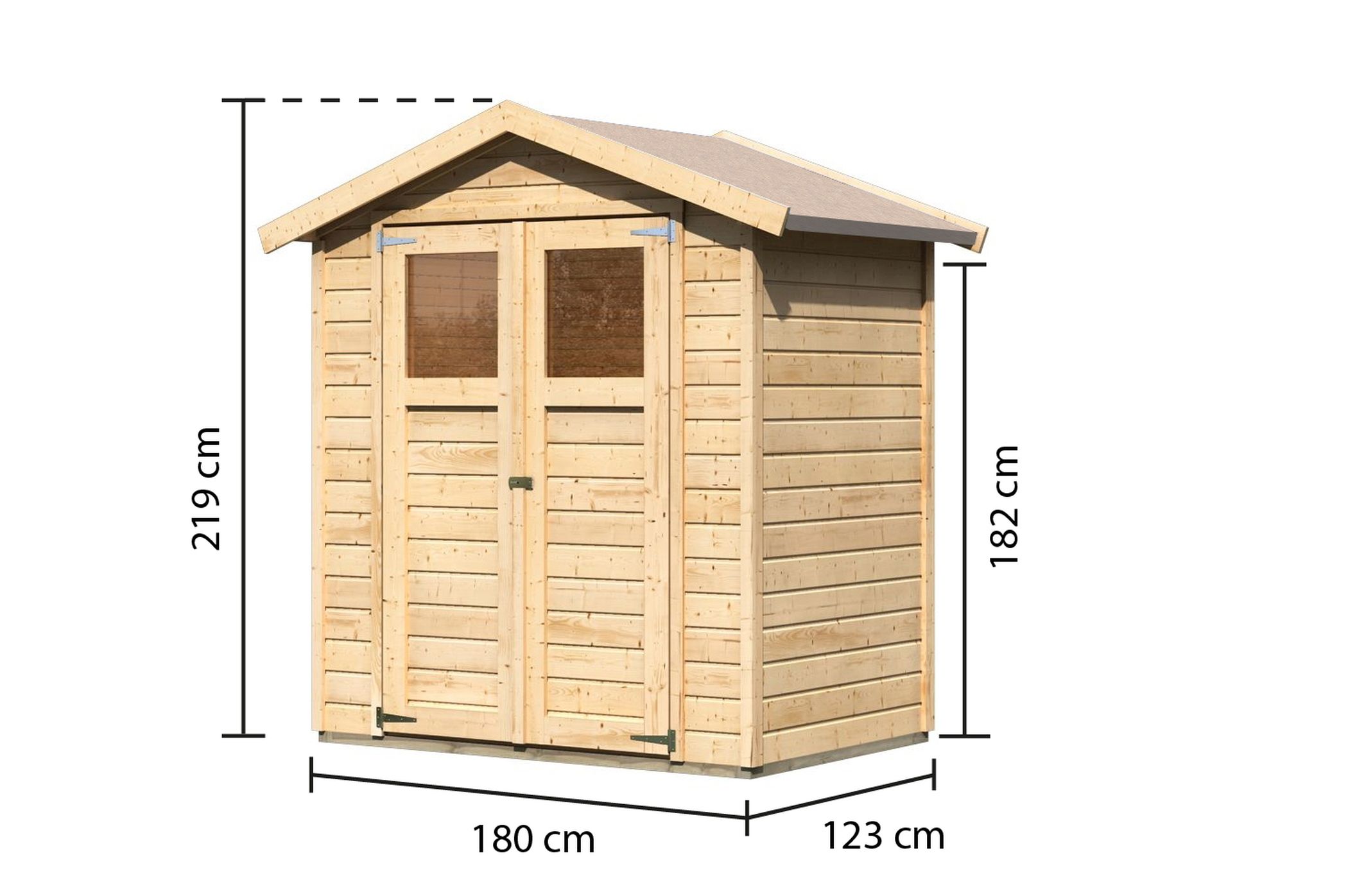 Maßzeichnung der Karibu kleines Gerätehaus Dahme 1 mit Bemaßung von Grundfläche und Höhe