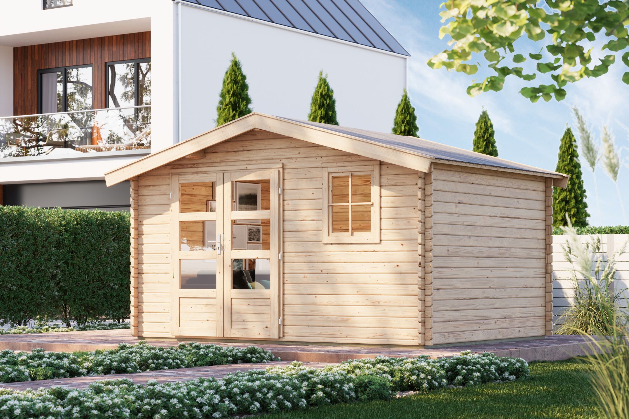 Karibu Gartenhaus Felsenau 5, im Garten aufgebaut