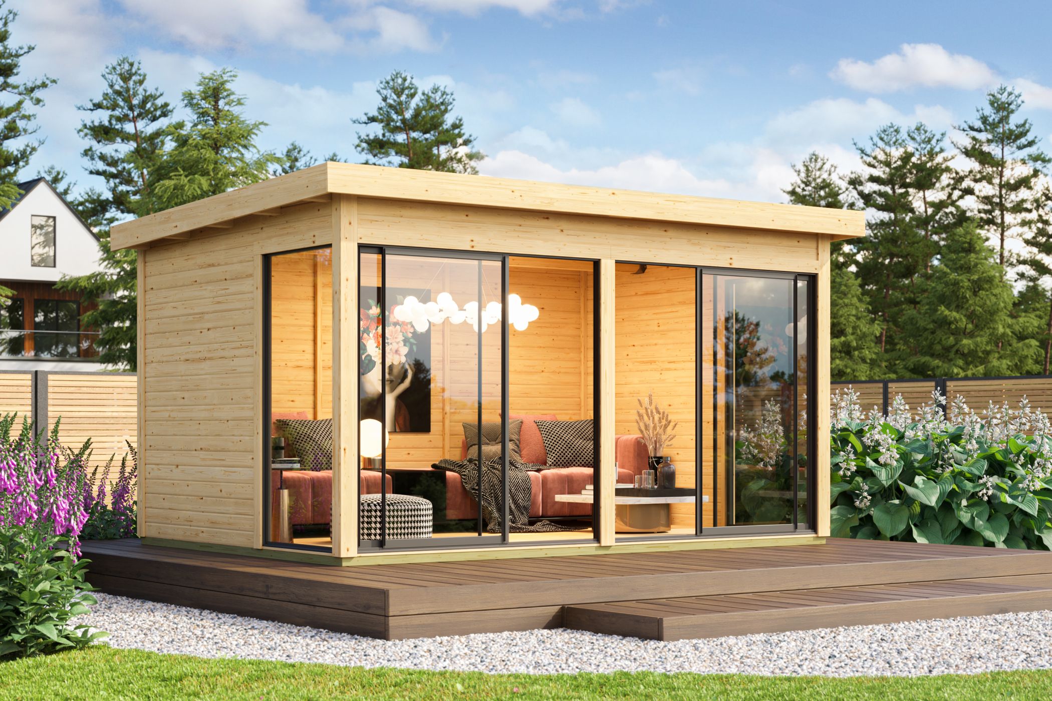 Karibu Poolhaus Dice 5, im Garten aufgebaut
