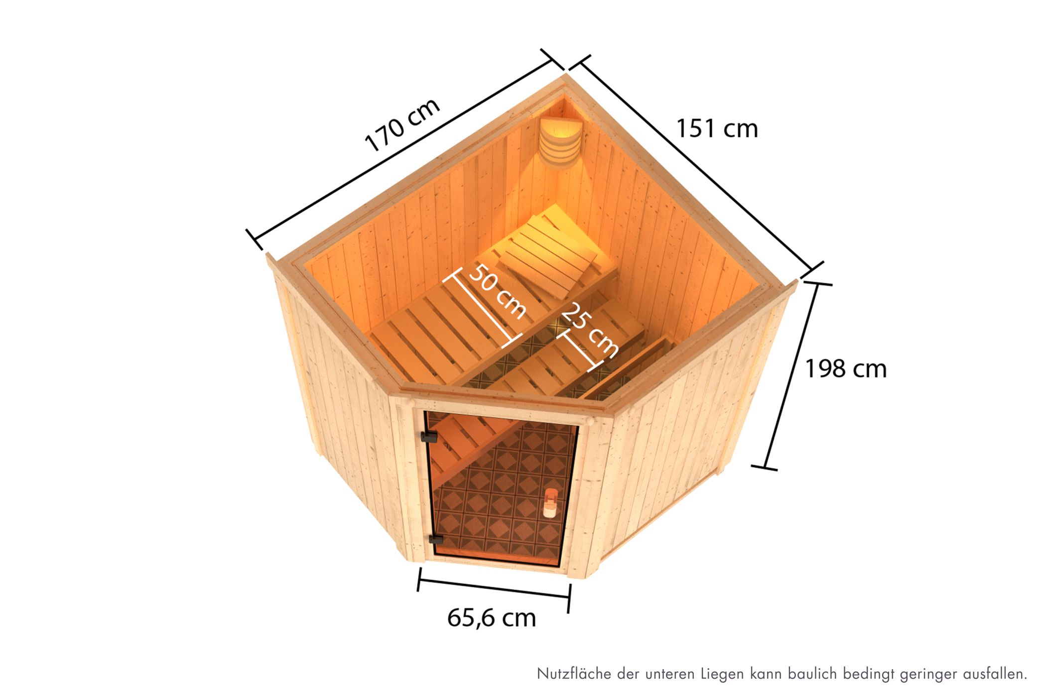 Maßzeichnung der Karibu Sauna Faurin mit Außenmaß 170 × 151 cm und Höhe 198 cm