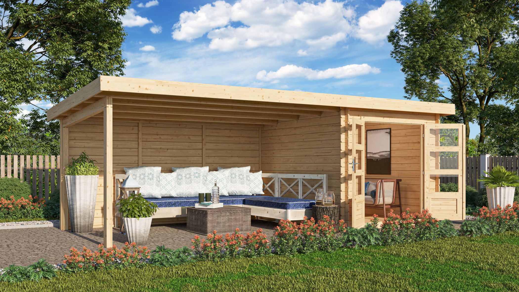 Karibu Gartenhaus Bastrup 4 in Naturbelassen und Anbaudach im Garten