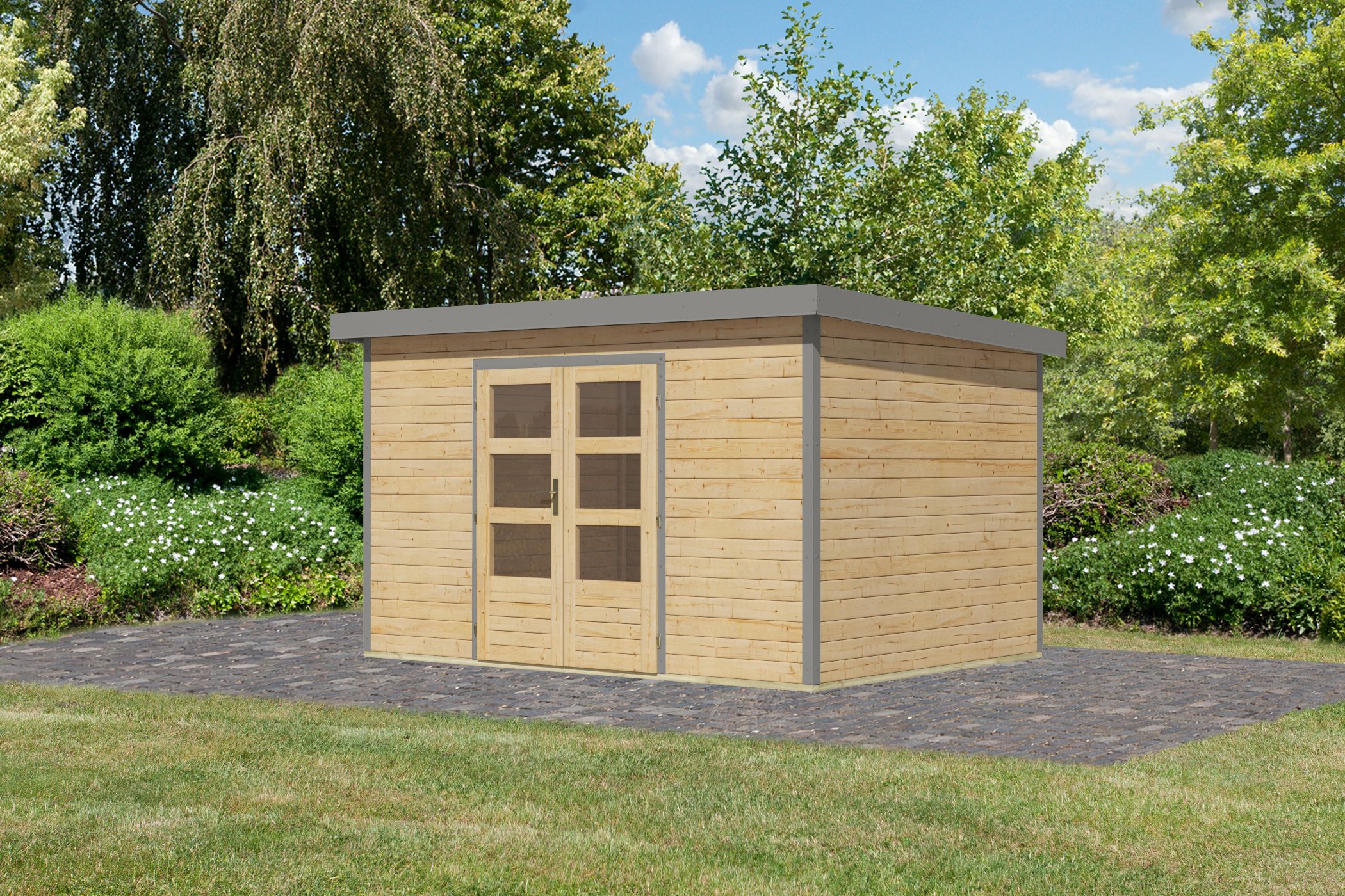 Karibu Gartenhaus Holz & Metall Pluto 7 in Naturbelassen mit Metall in Graualuminium, Außenansicht