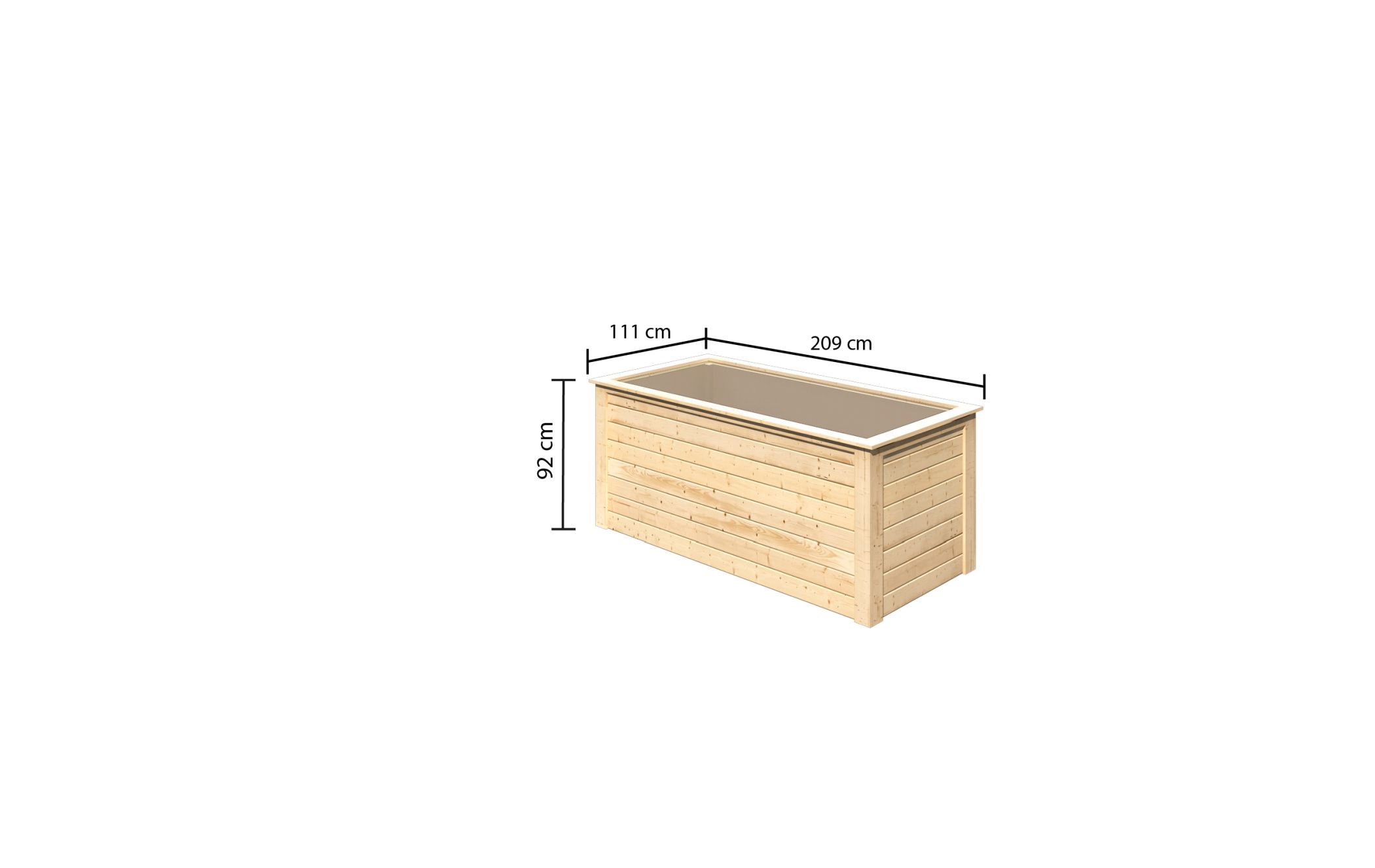 Bemaßte Maßzeichnung des Karibu 28 mm Hochbeet 1, 209 × 111 cm