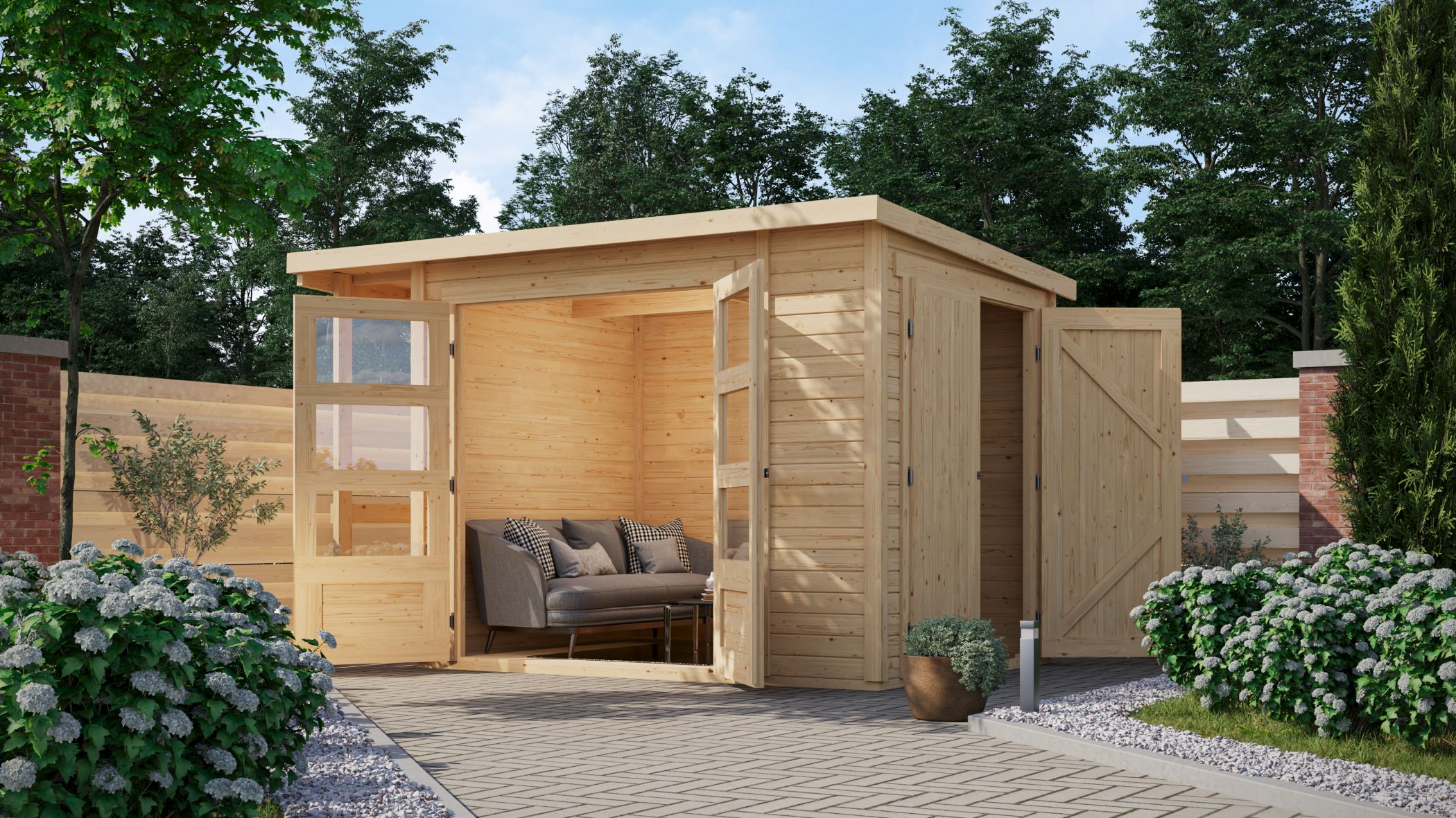 Karibu Gerätehaus Multifunktionshaus Pultdach 19mm mit Anbaudach im Garten